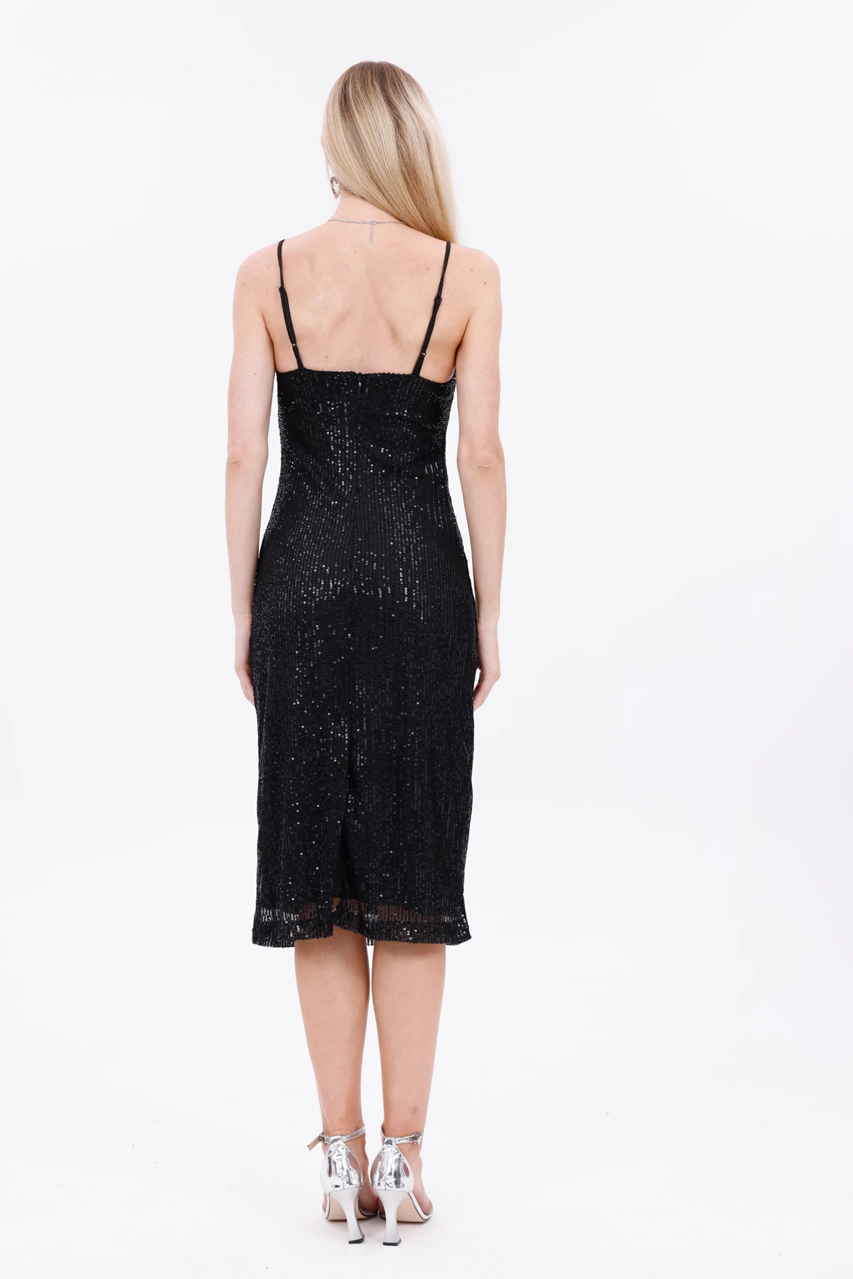 Pul Payetli Askılı Midi Elbise – Işıltılı Gece Elbisesi