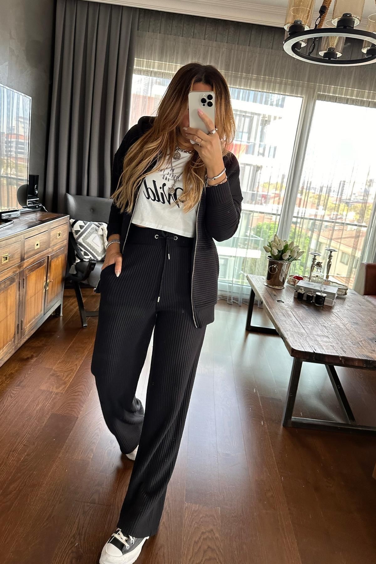 Akordion Dolum Sweat Kumaş Takım Siyah