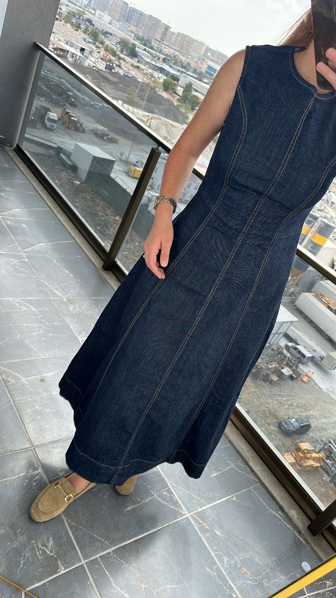 Premium Denim Jean Uzun Kot Elbise