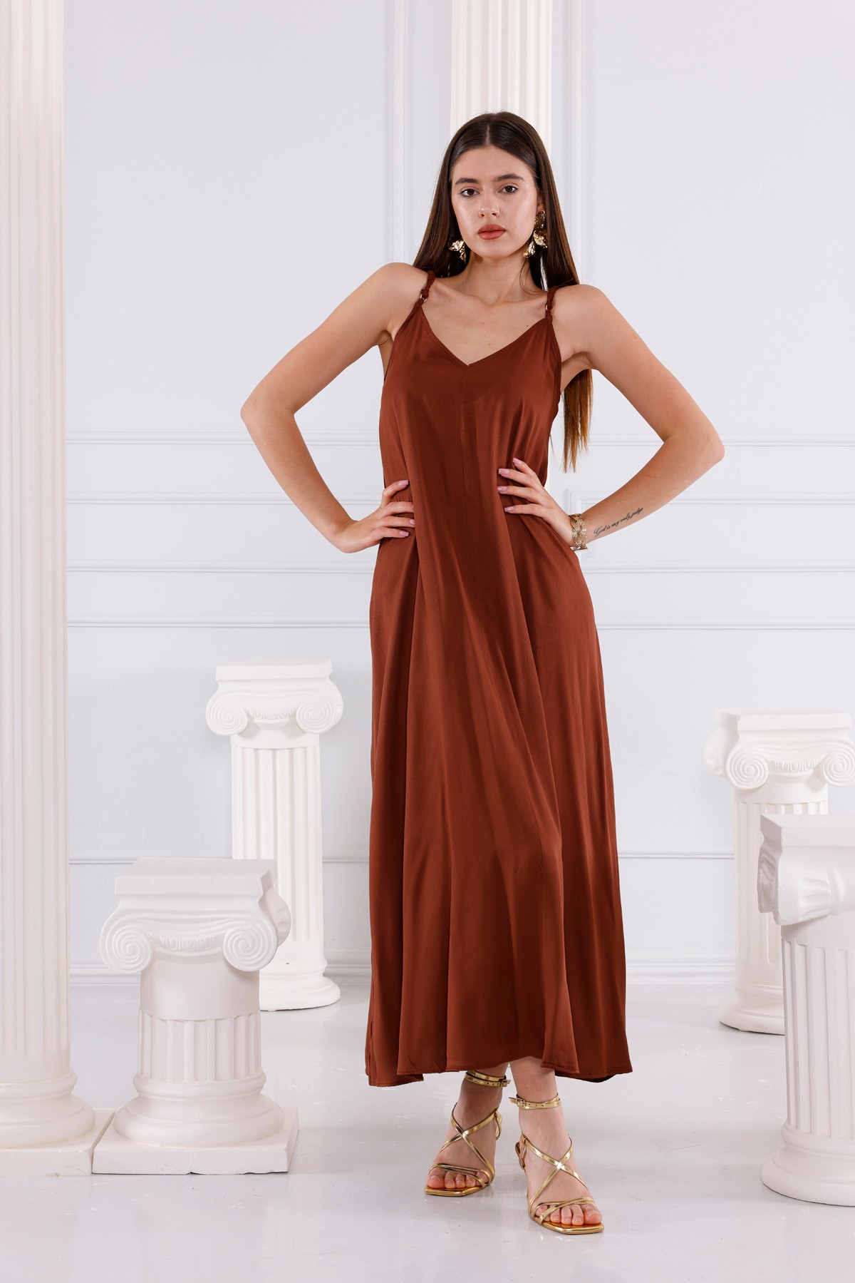 Sade Acı Kahve Viskon Maxi Elbise