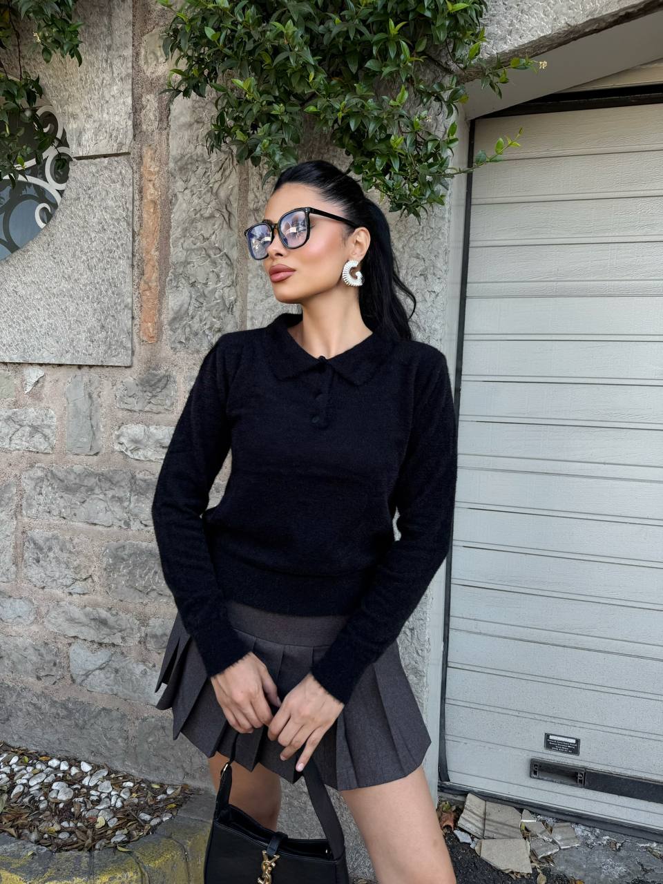 Soft Dokulu Polo Yaka Triko Kazak - Siyah