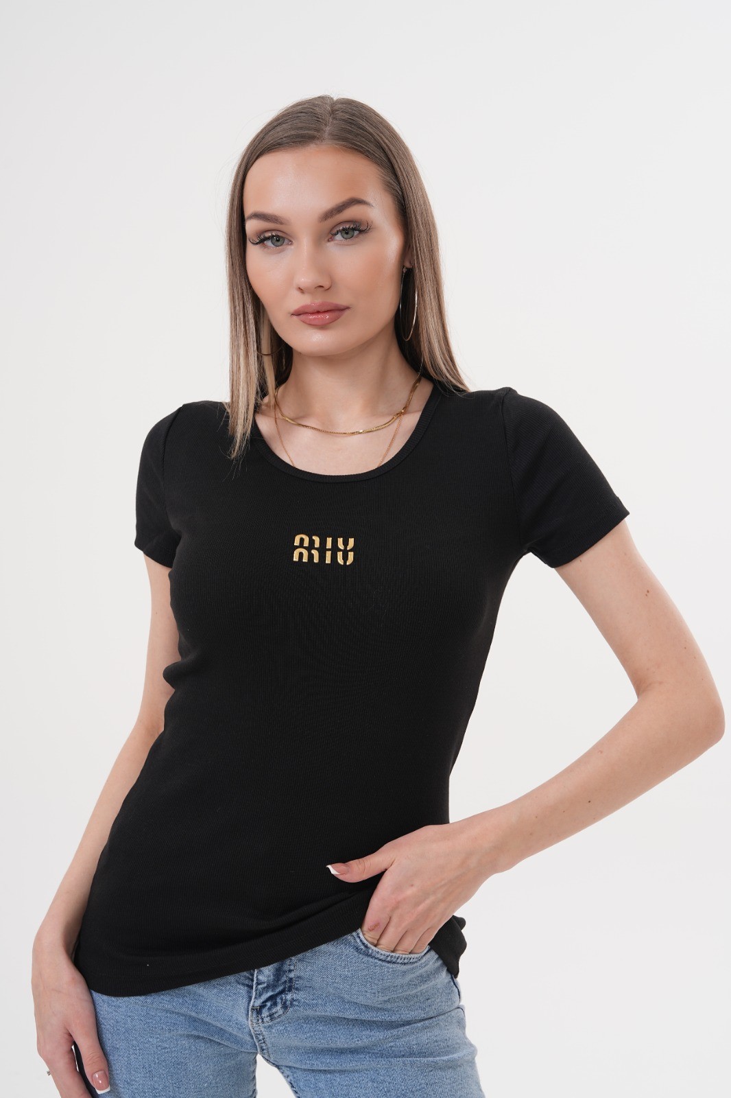 Minimal Gold Detaylı Beyaz Ribana T-Shirt