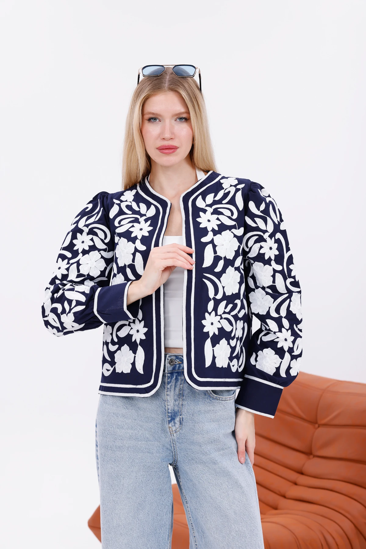 Nakış işleme Tasarım Astarlı Ceket - Lacivert