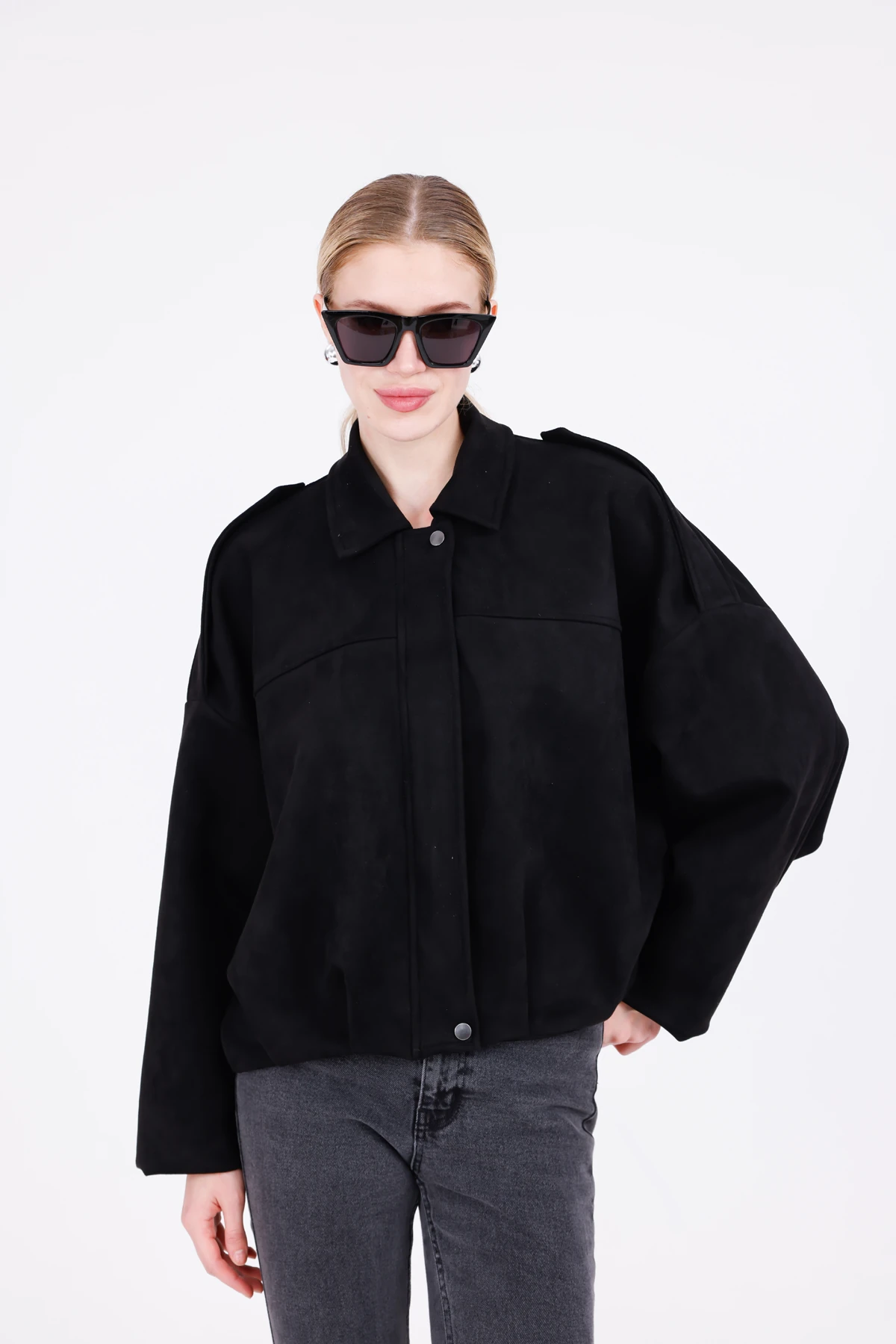 Oversize Süet Bomber Ceket - Siyah