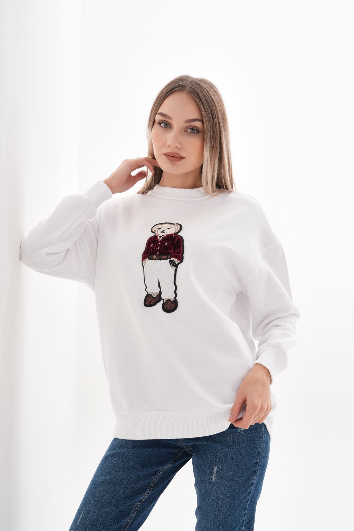 Ayıcık Nakış İki İplik Sweatshirt