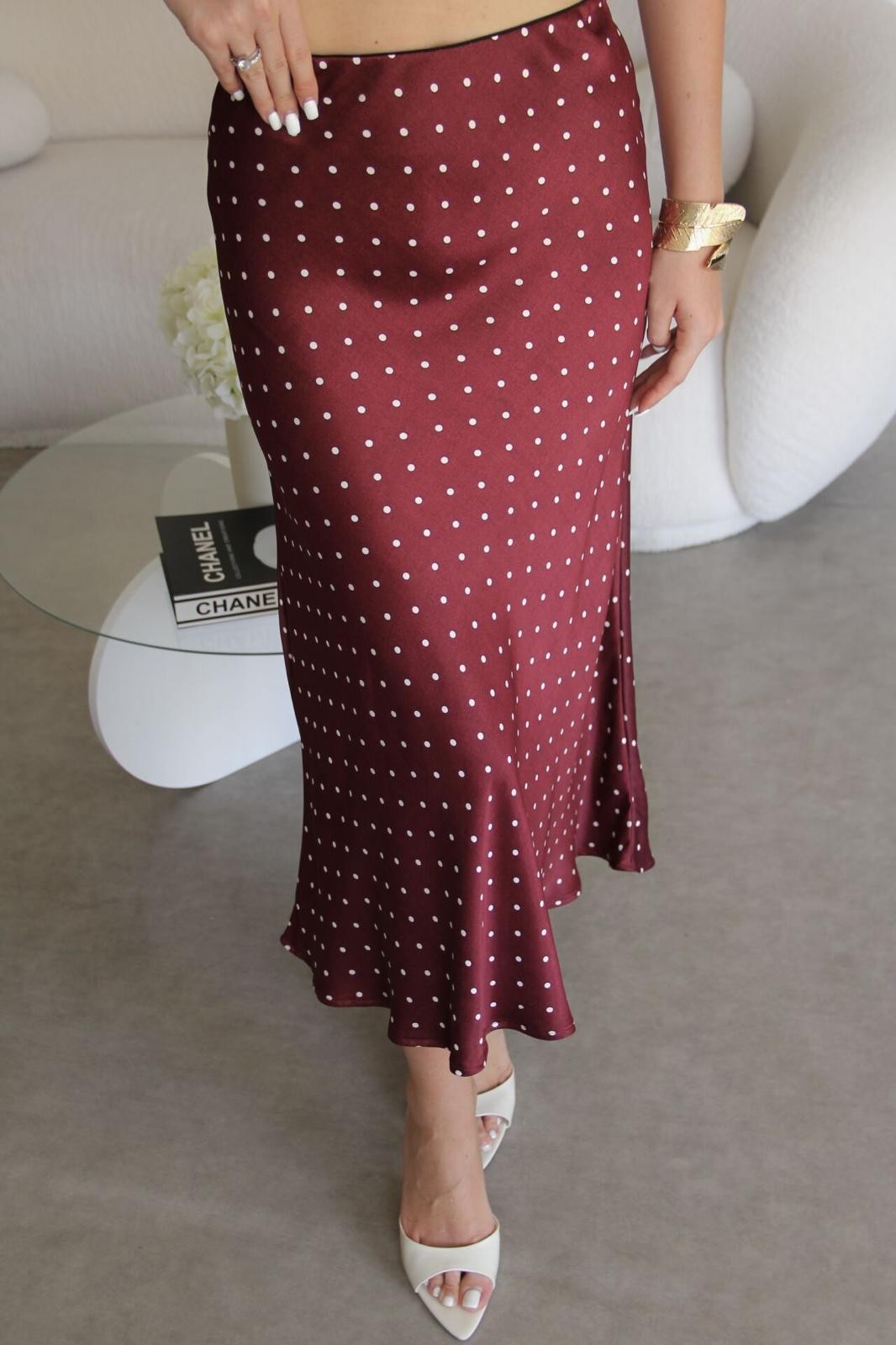 Bordo Puantiyeli Beli Lastikli Verev Kesim Midi Boy Premium Saten Etek