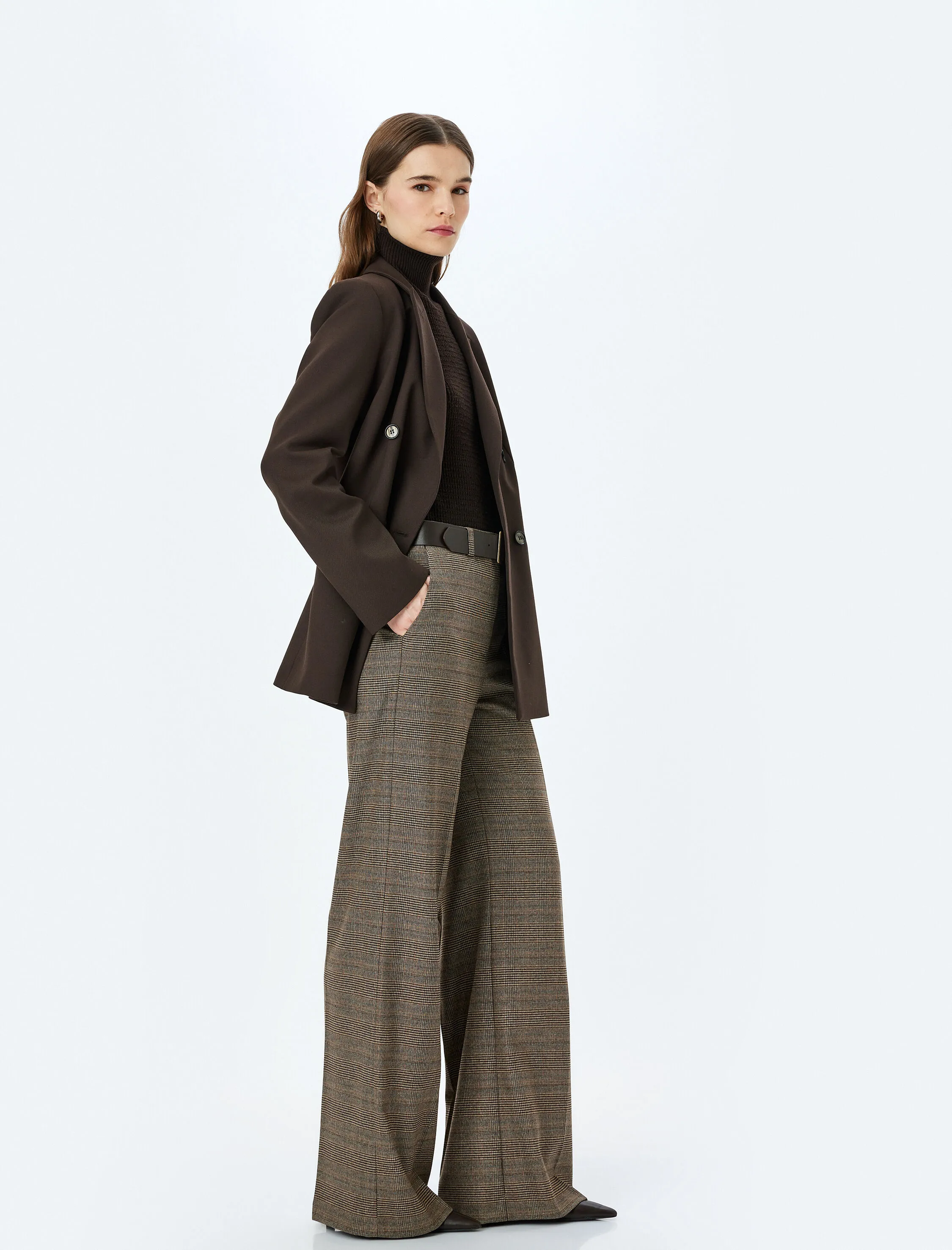 Ekose Desenli Cepli Yüksek Bel Geniş Paça Kumaş Pantolon