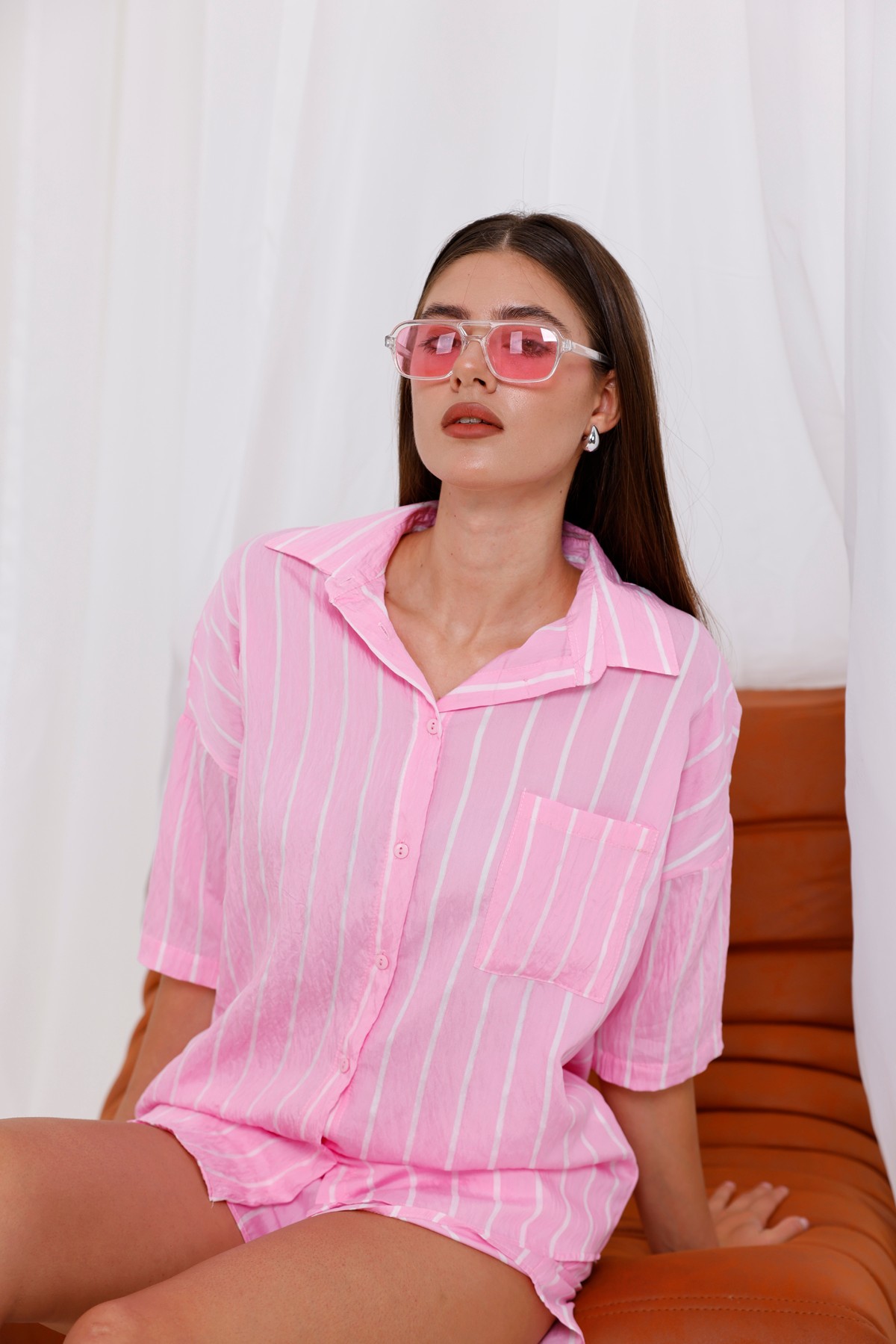 Pembe Çizgili Yazlık Şortlu Takım
