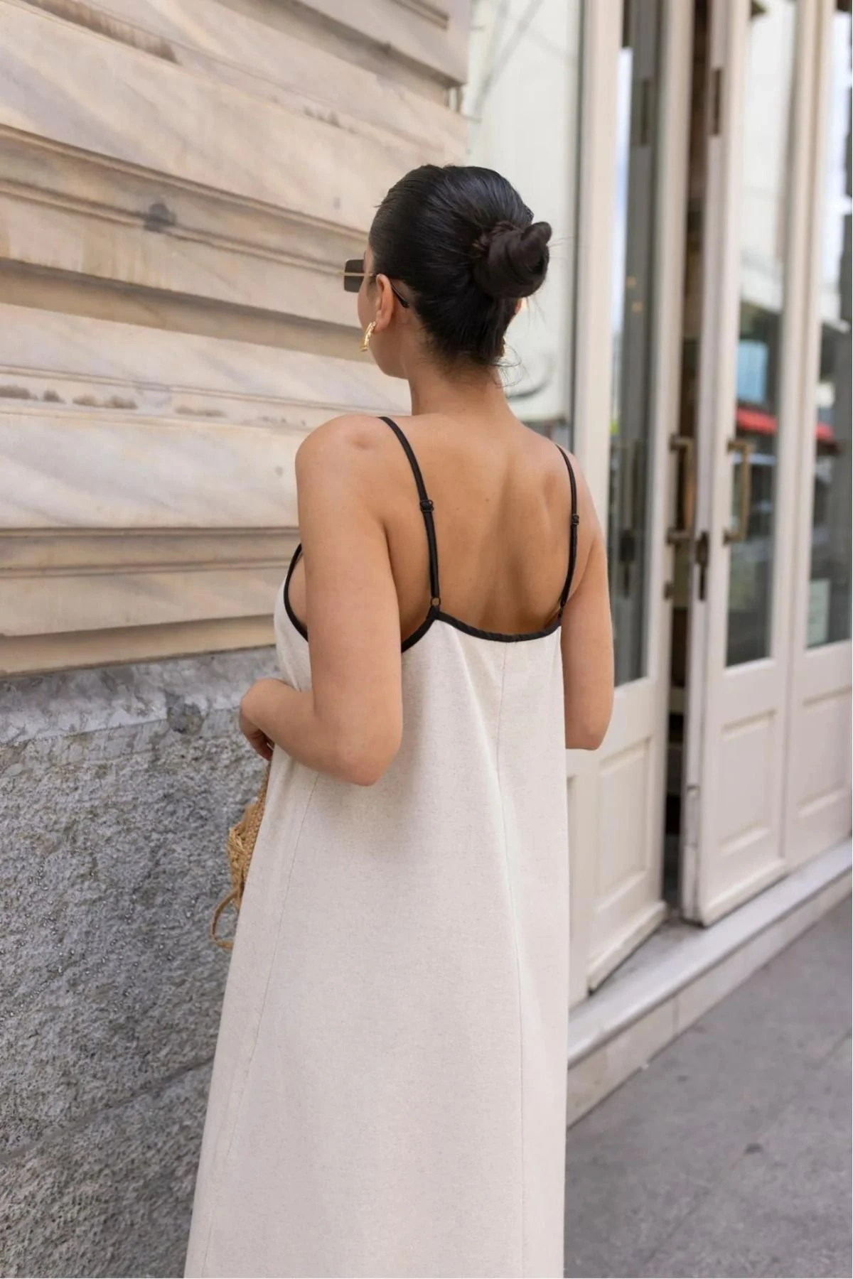 Taş İnce Askılı Keten Elbise