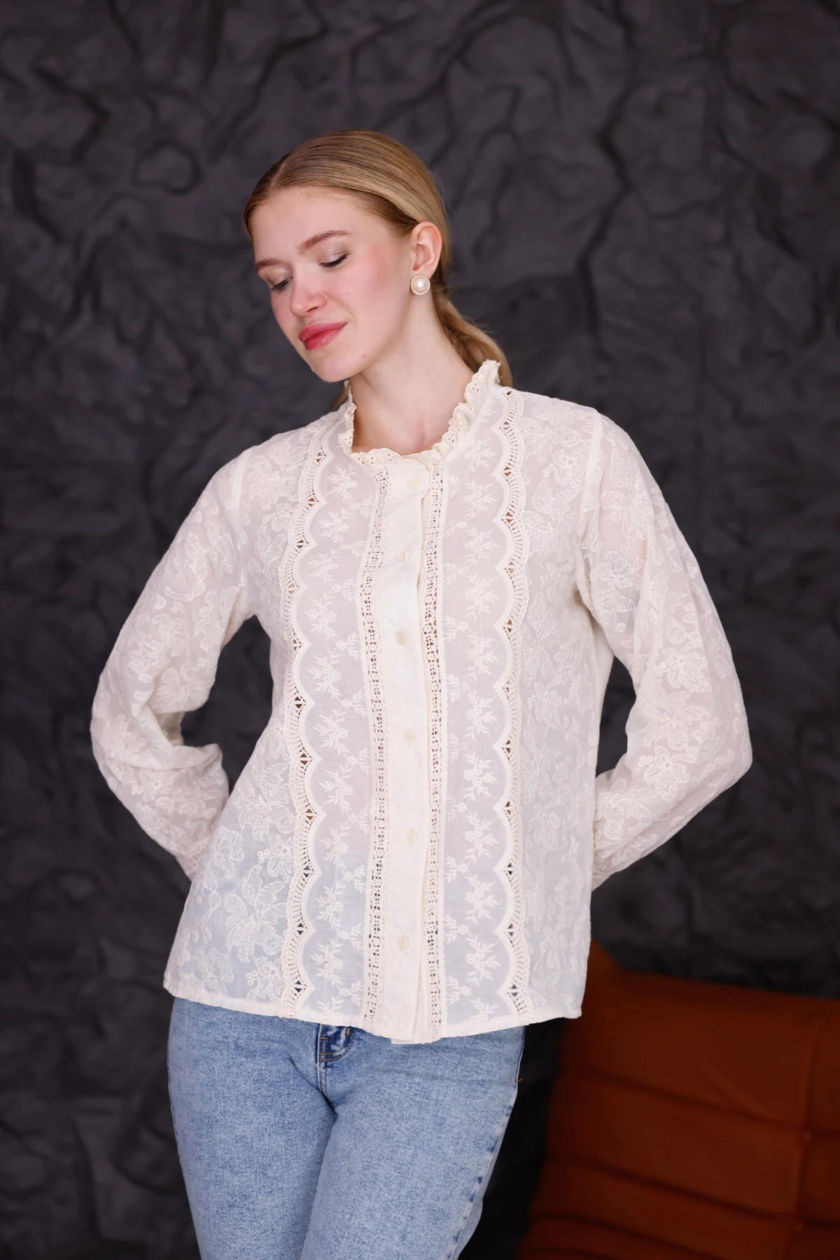Bohem Dantelli Düğmeli Gömlek | Vintage Görünüm