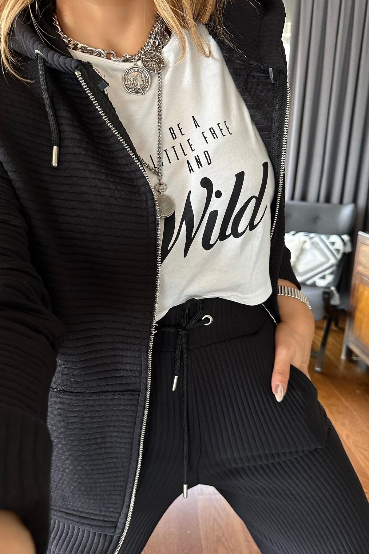 Akordion Dolum Sweat Kumaş Takım Siyah