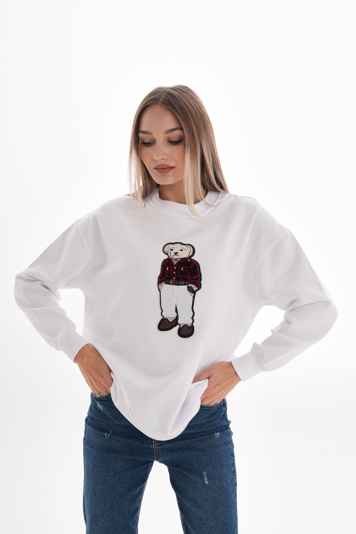 Ayıcık Nakış İki İplik Sweatshirt