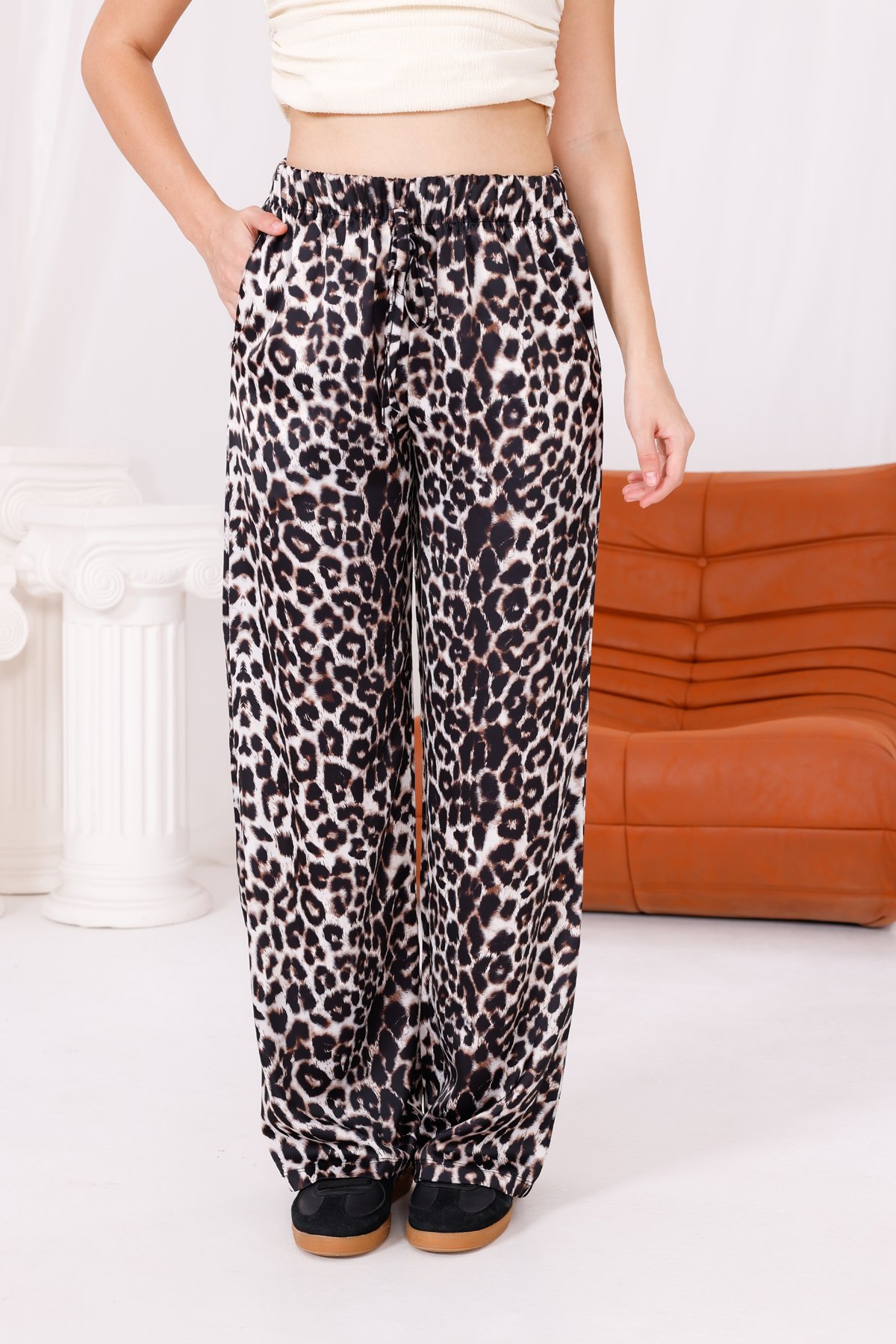 Leopar Desenli Saten Pantolon 
