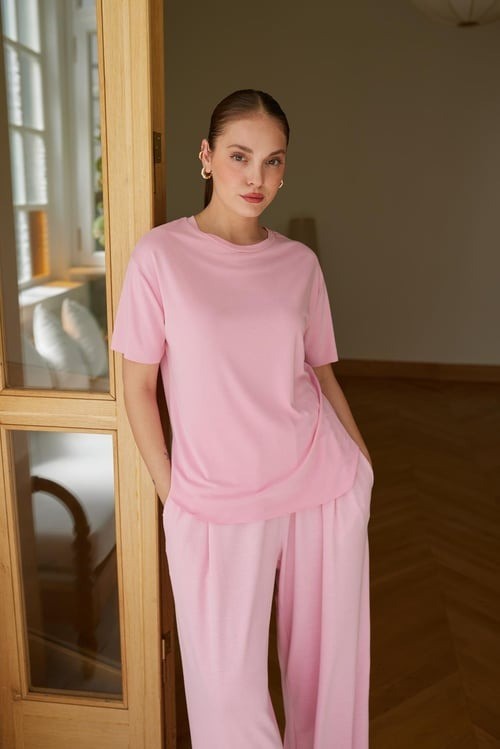 Basic Kadın T-Shirt 95% Pamuk %5 Likra Kısa Kol Bisiklet Yaka Düz Renk - Pembe