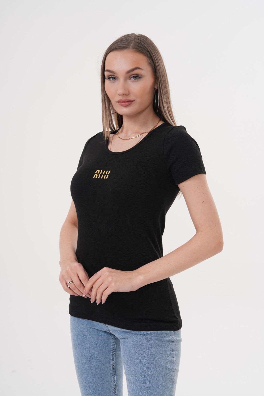 Minimal Gold Detaylı Beyaz Ribana T-Shirt