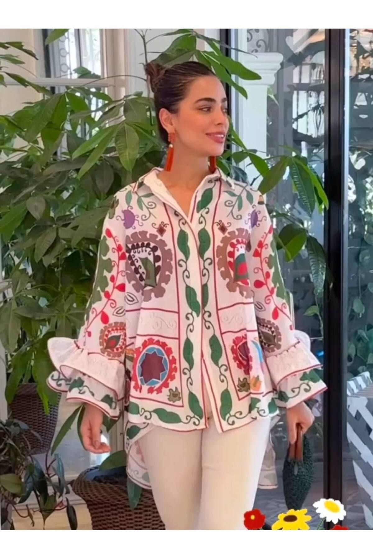 Keten Baskılı Volanlı Gömlek | Yeni Sezon