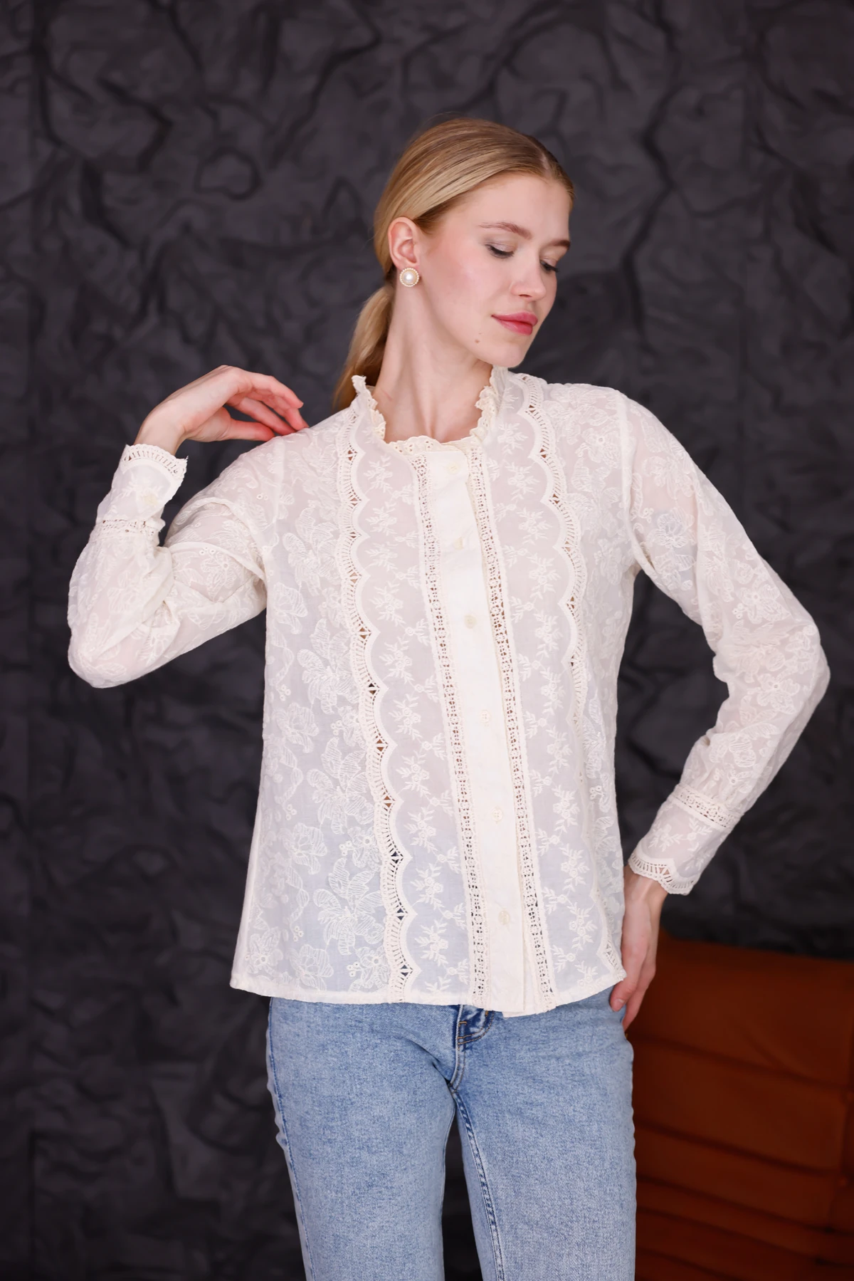 Bohem Dantelli Düğmeli Gömlek | Vintage Görünüm