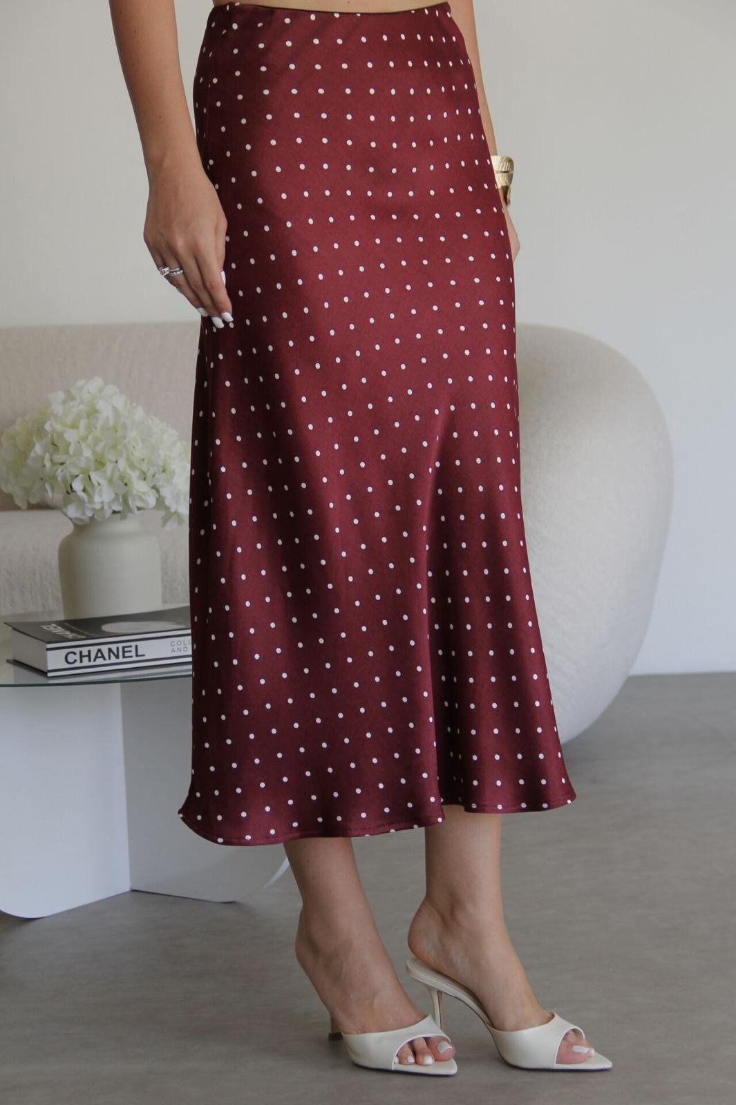 Bordo Puantiyeli Beli Lastikli Verev Kesim Midi Boy Premium Saten Etek