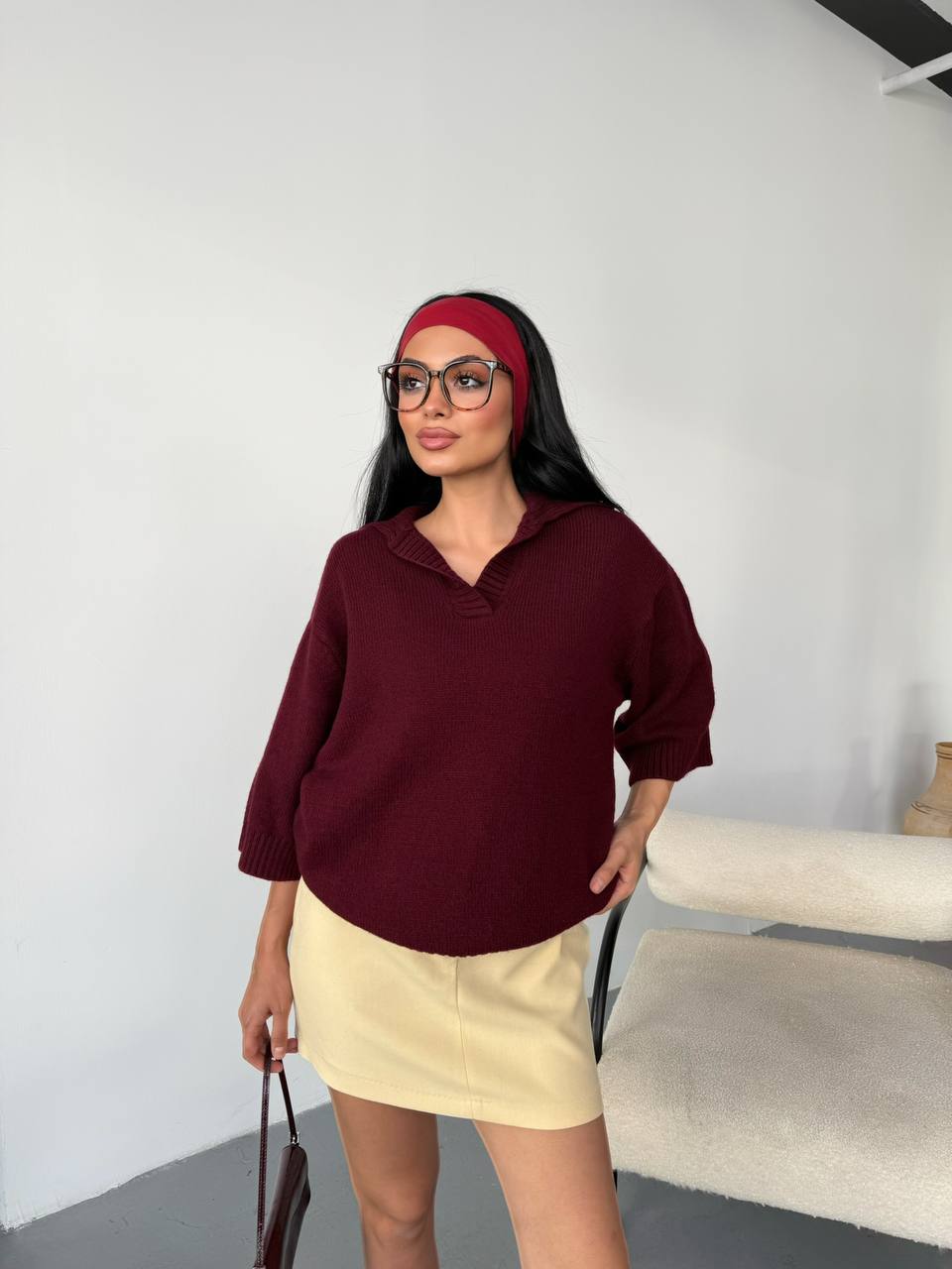 Polo Yaka 3/4 Kol Triko Kazak - Bordo