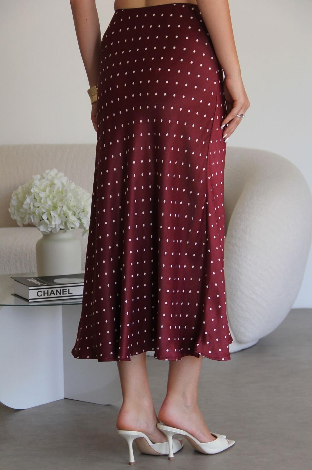 Bordo Puantiyeli Beli Lastikli Verev Kesim Midi Boy Premium Saten Etek