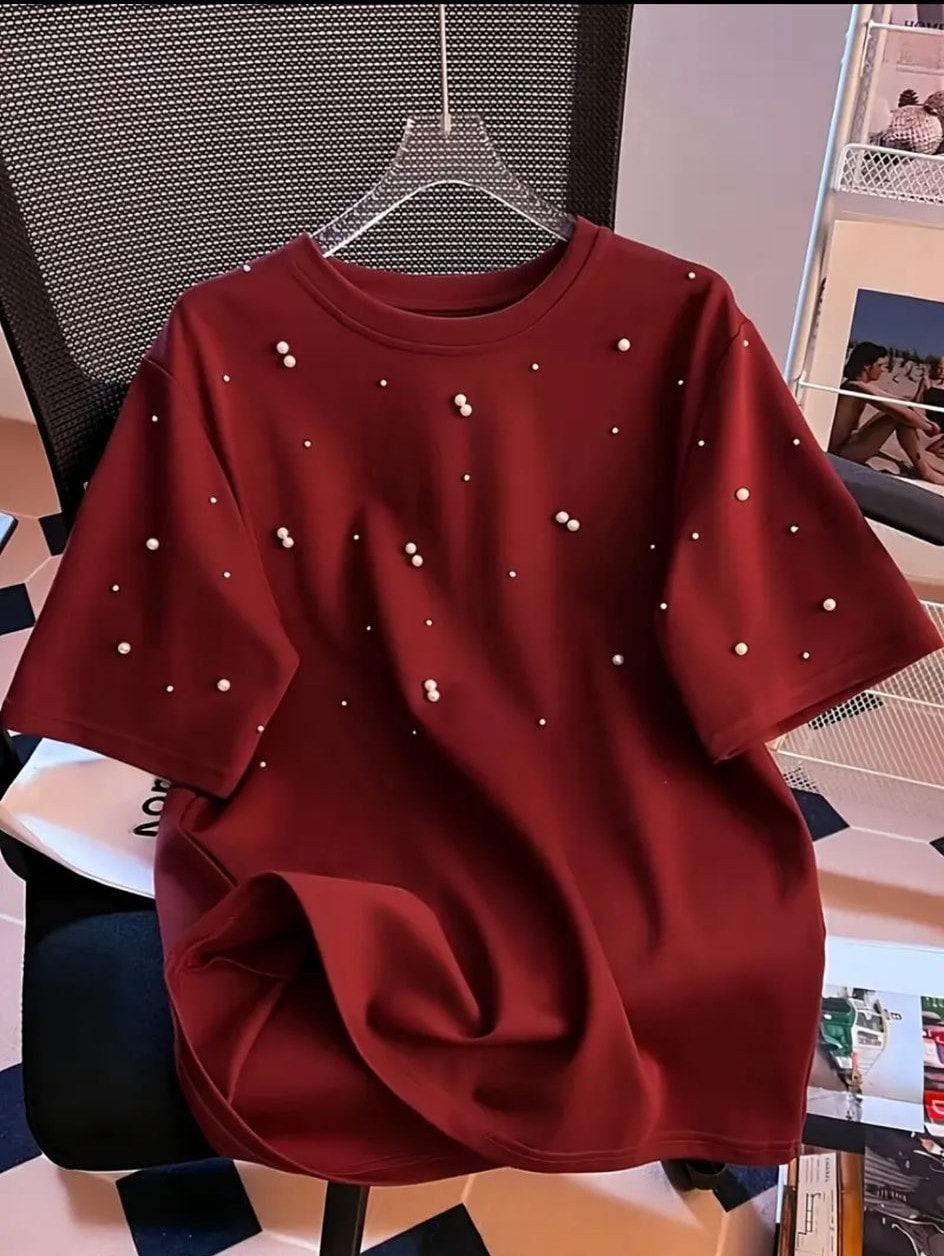 Kadın Beyaz İnci Detaylı Basic Bisiklet Yaka T-shirt
