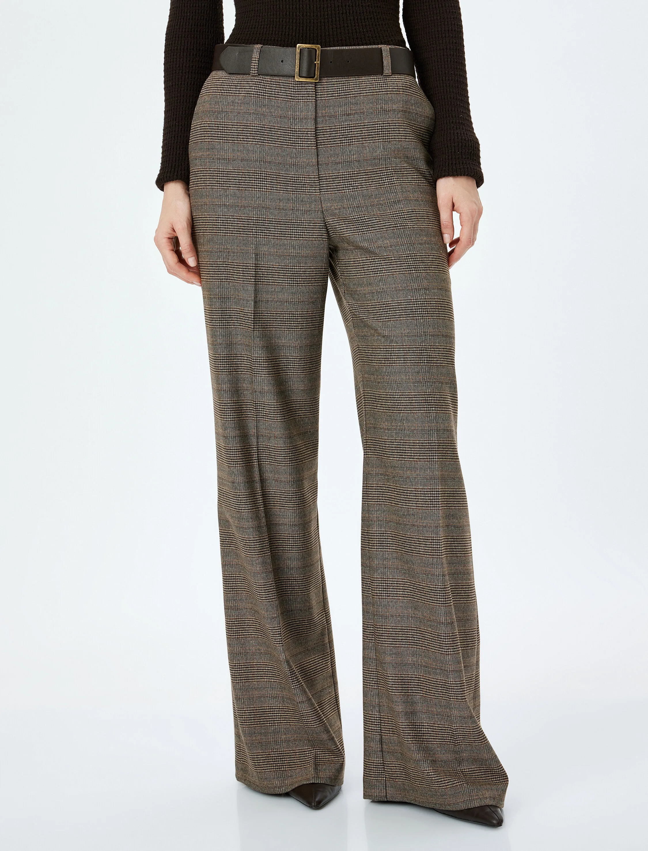 Ekose Desenli Cepli Yüksek Bel Geniş Paça Kumaş Pantolon