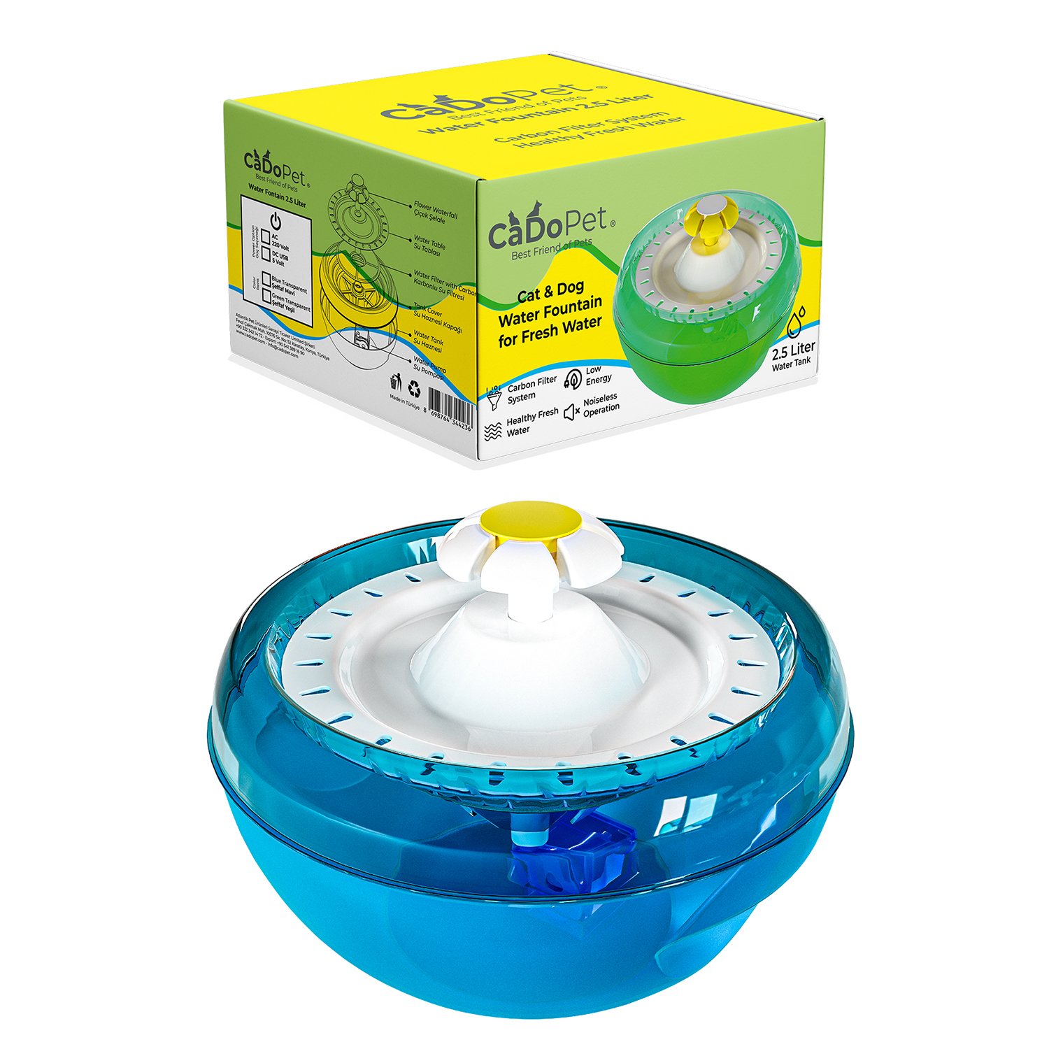 CaDoPet Işıklı Kedi Su Pınarı 2.5 Litre 5 Volt Sessiz