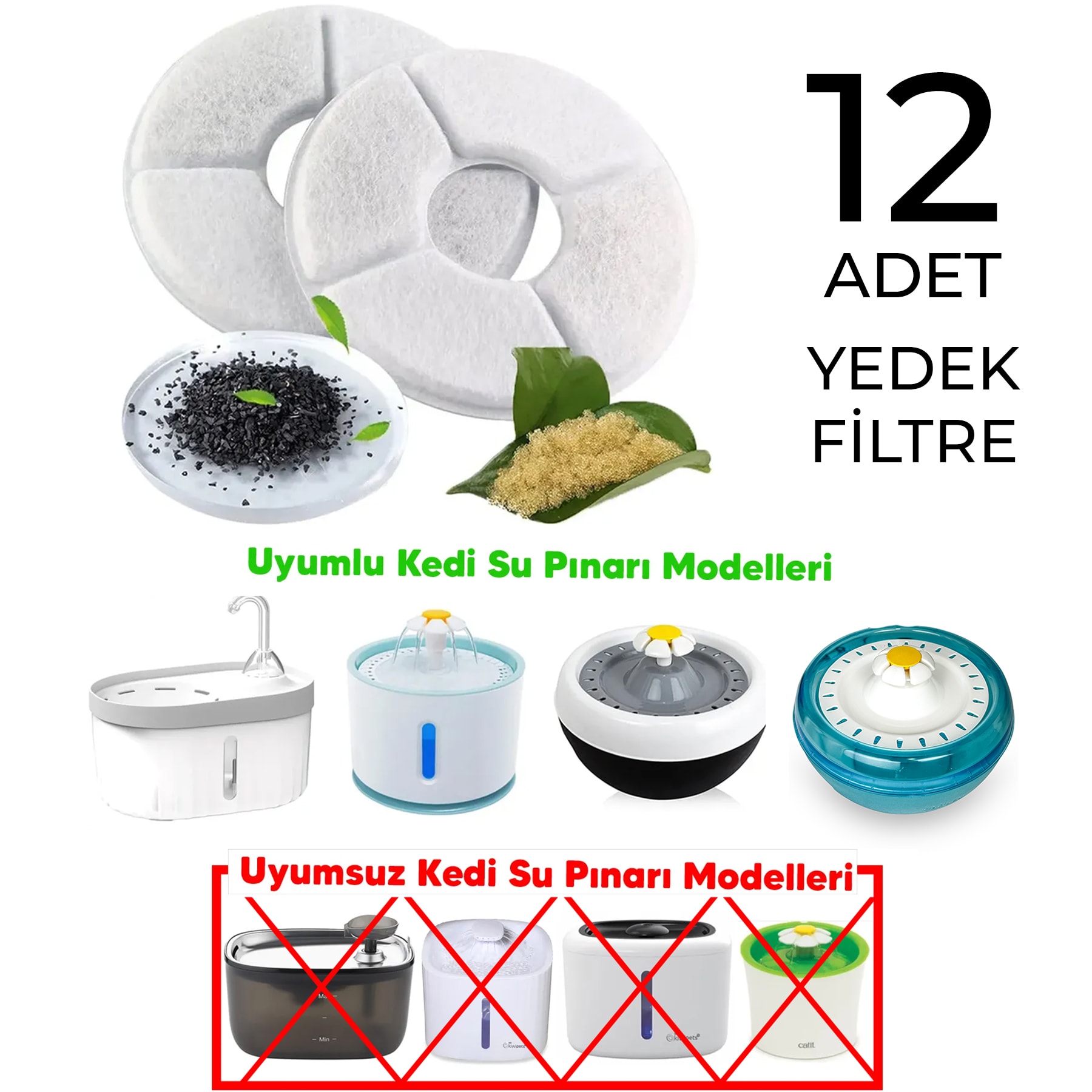 Kedi Su Pınarı Su Sebili Yedek Filtre 12li Paket