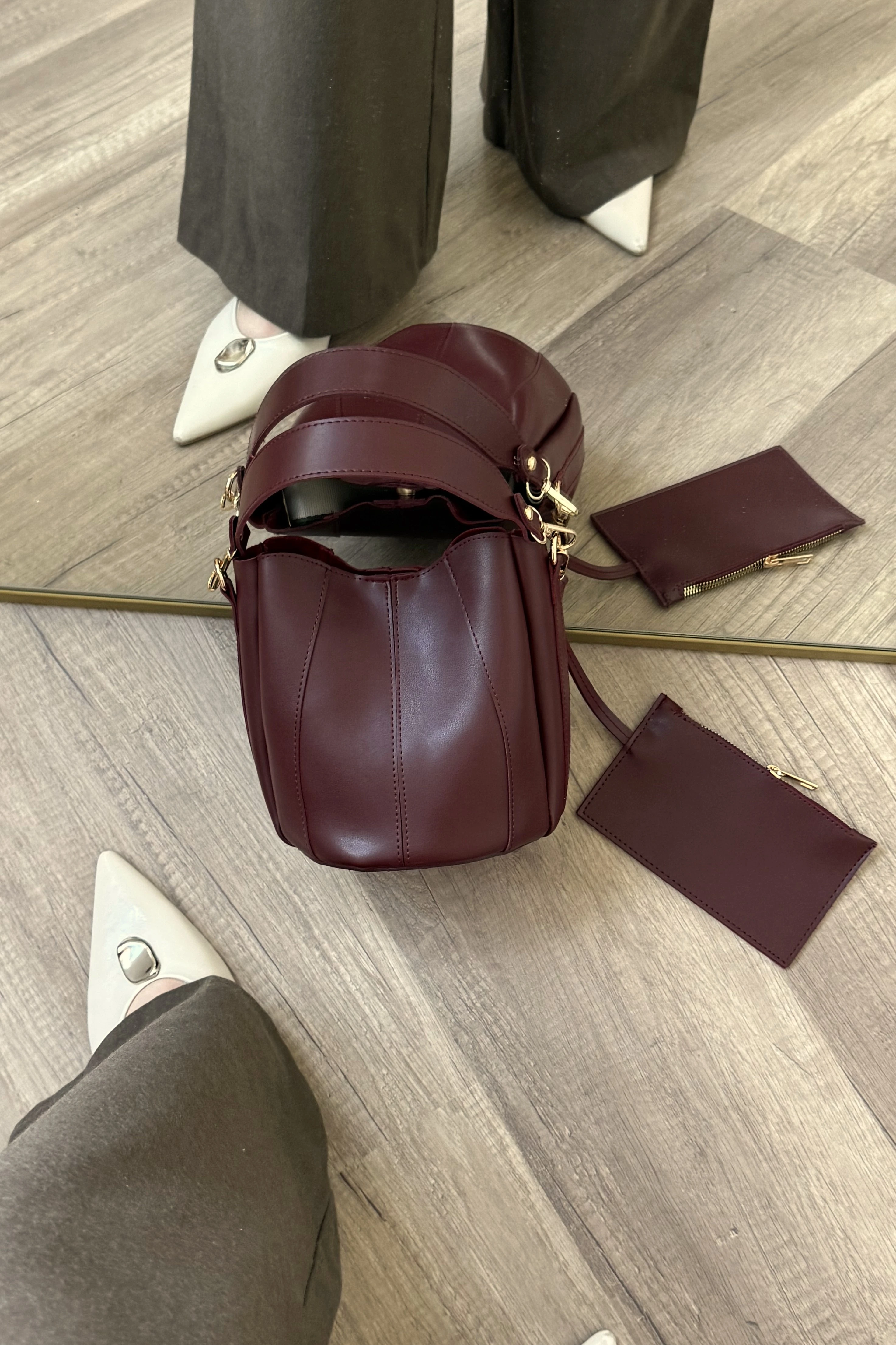 Dikiş Detaylı Cüzdanlı Kese Model Kadın El ve Omuz Çanta Didas ST0045 - Bordo