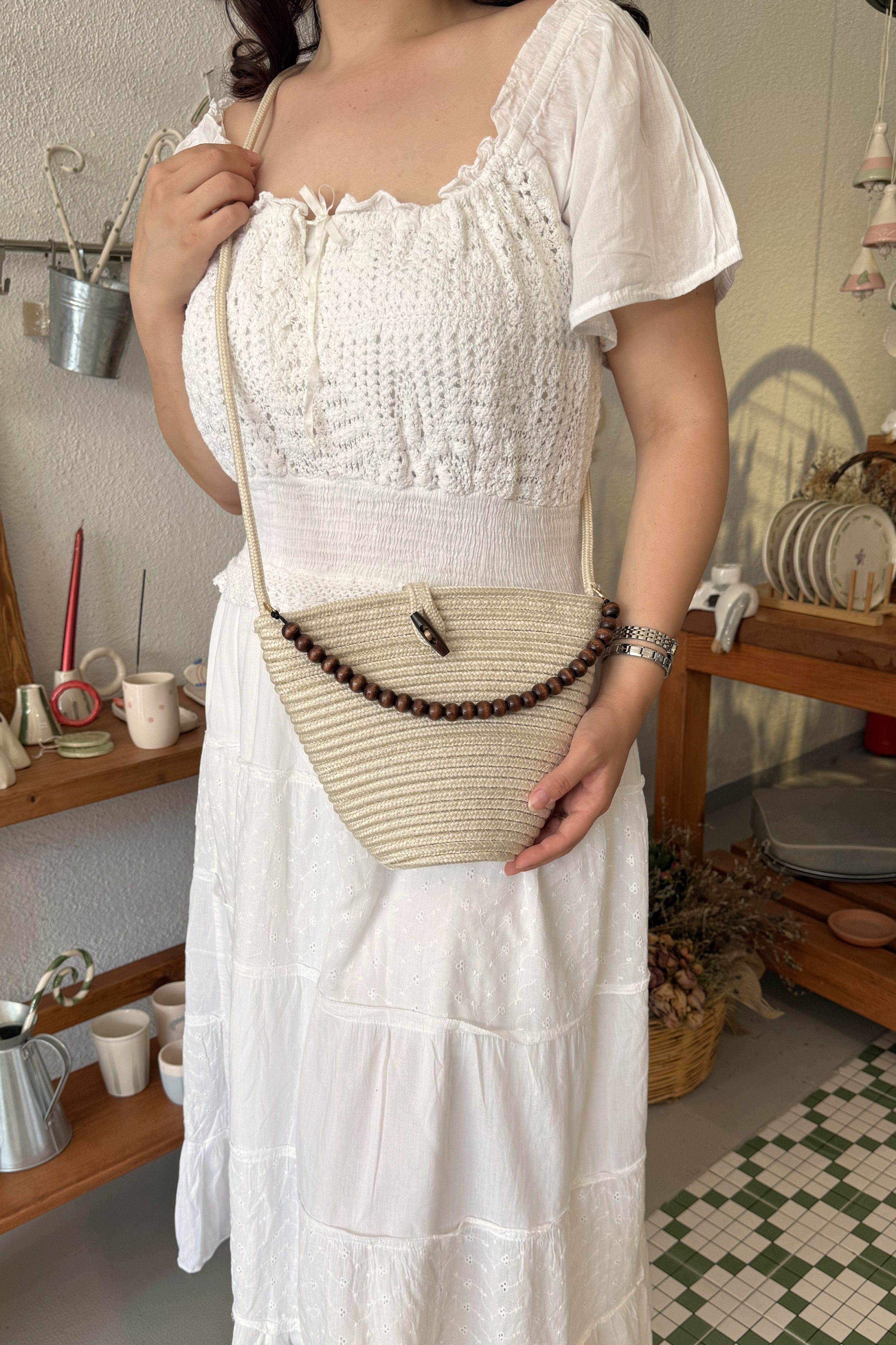 Handmade Boncuk Detaylı Çapraz Kadın El ve Omuz Çanta Ketrin Krem