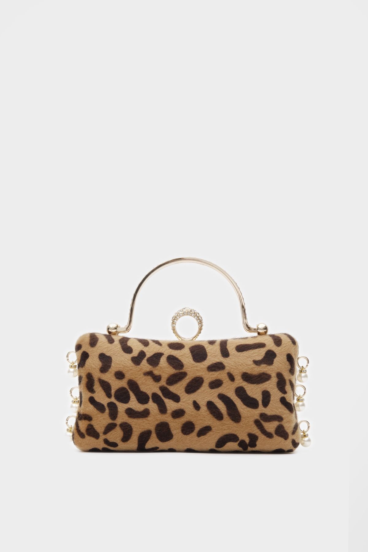 Suni Kürk Clutch Incili Leopar Desen Kadın Abiye Çanta Olivia