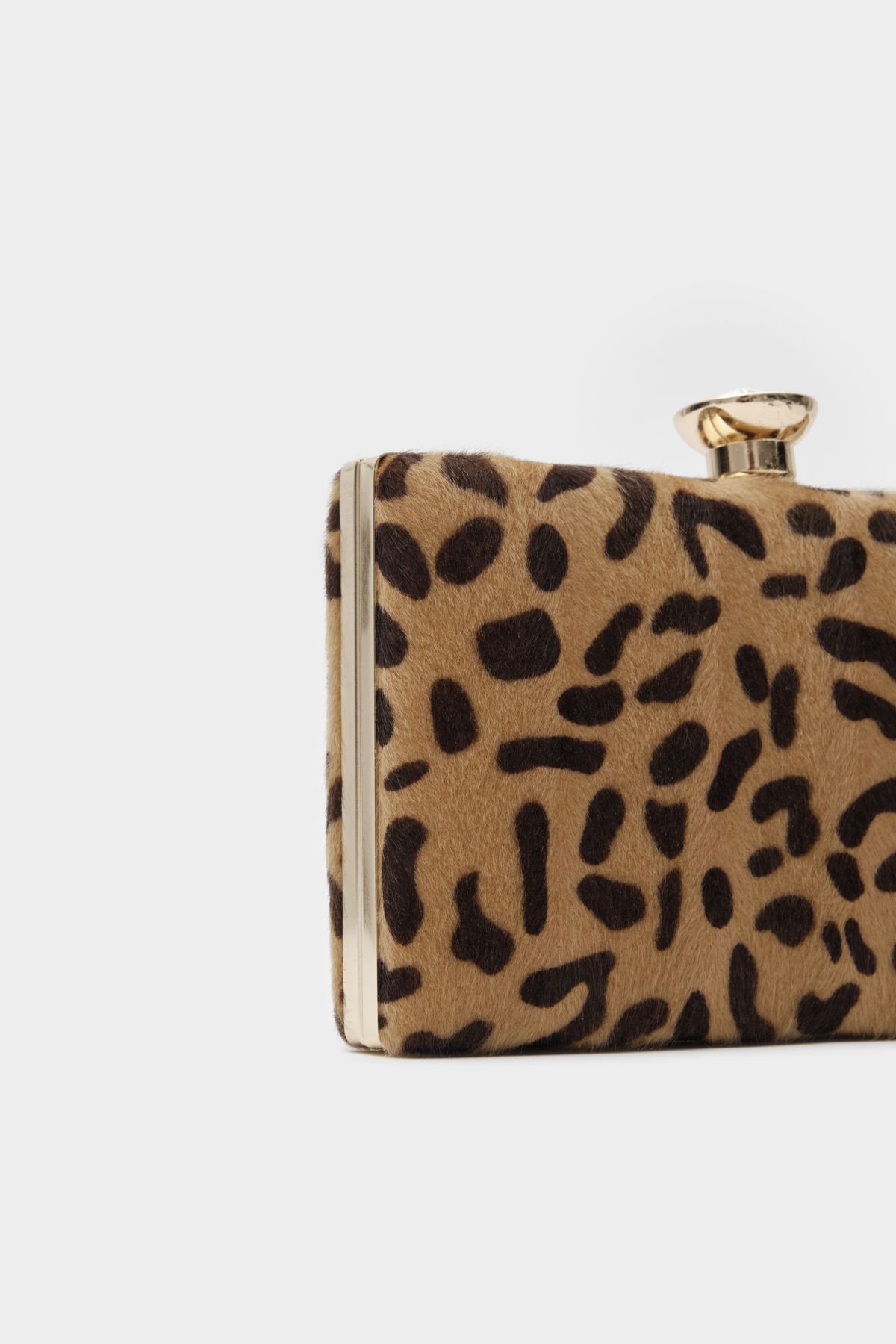 Suni Kürk Clutch Taş Tokalı Leopar Desen Kadın Abiye Çanta Amelia