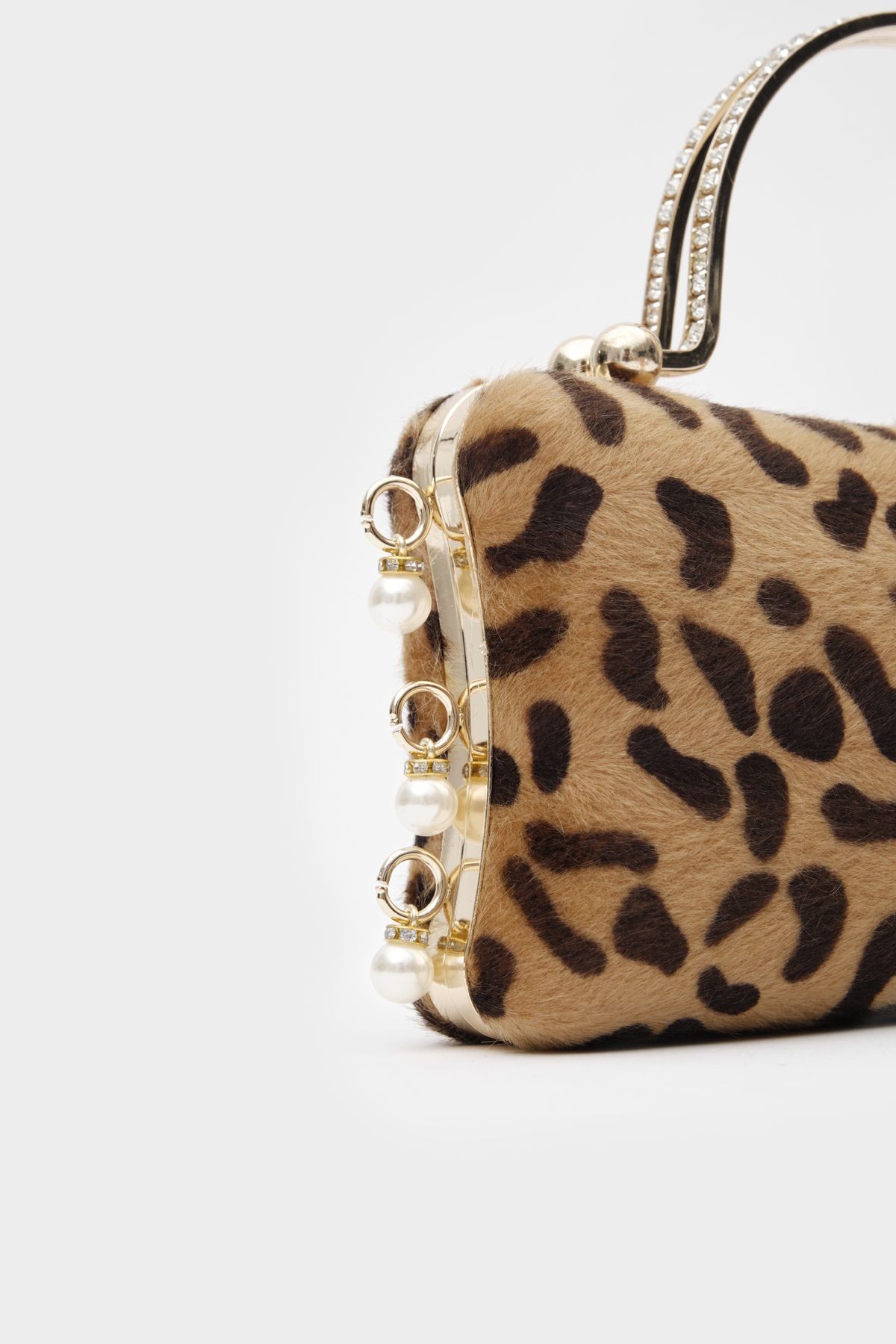 Suni Kürk Clutch Incili Leopar Desen Kadın Abiye Çanta Olivia