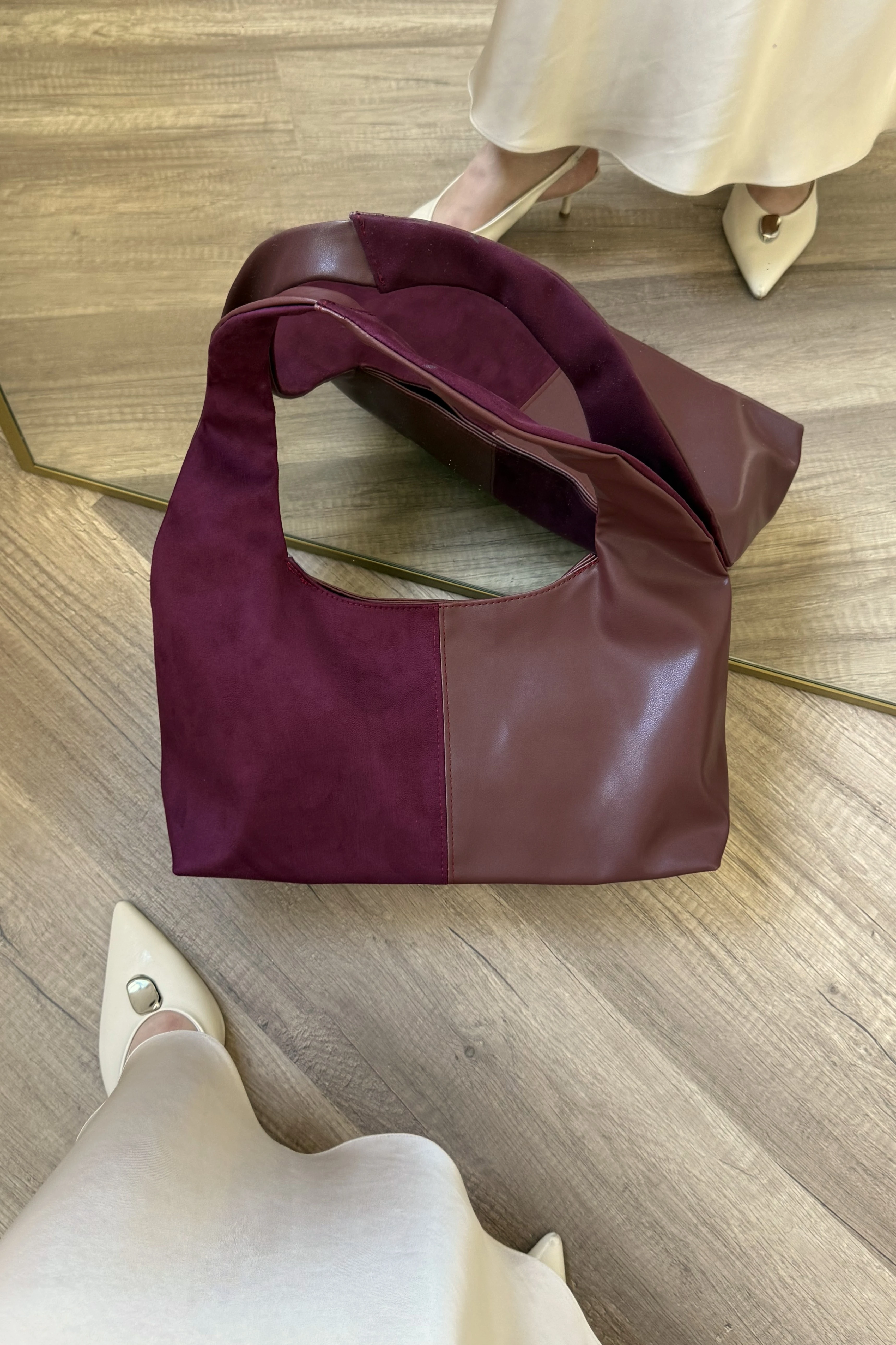 Süet ve Suni Deri Kadın Shopper Vintage Omuz Çantası Norton ST0043 - Bordo