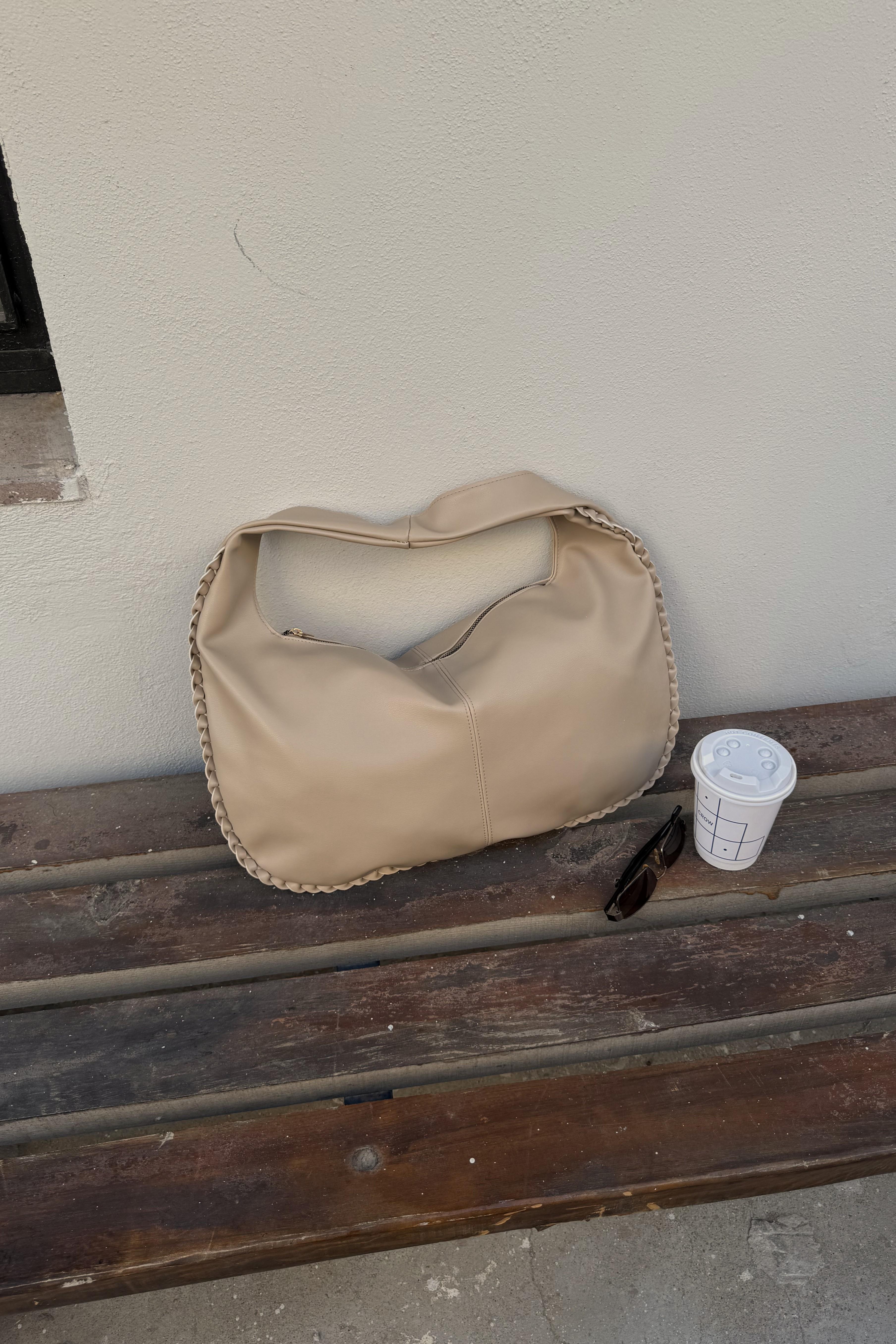 Retro Örgülü Large Kadın El ve Omuz Çanta Viyana ST0008 - Düz Vizon