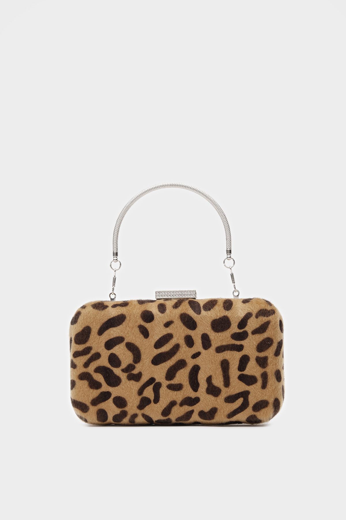 Suni Kürk Clutch Mini Taş Tokalı Leopar Desen Kadın Abiye Çanta Bethany