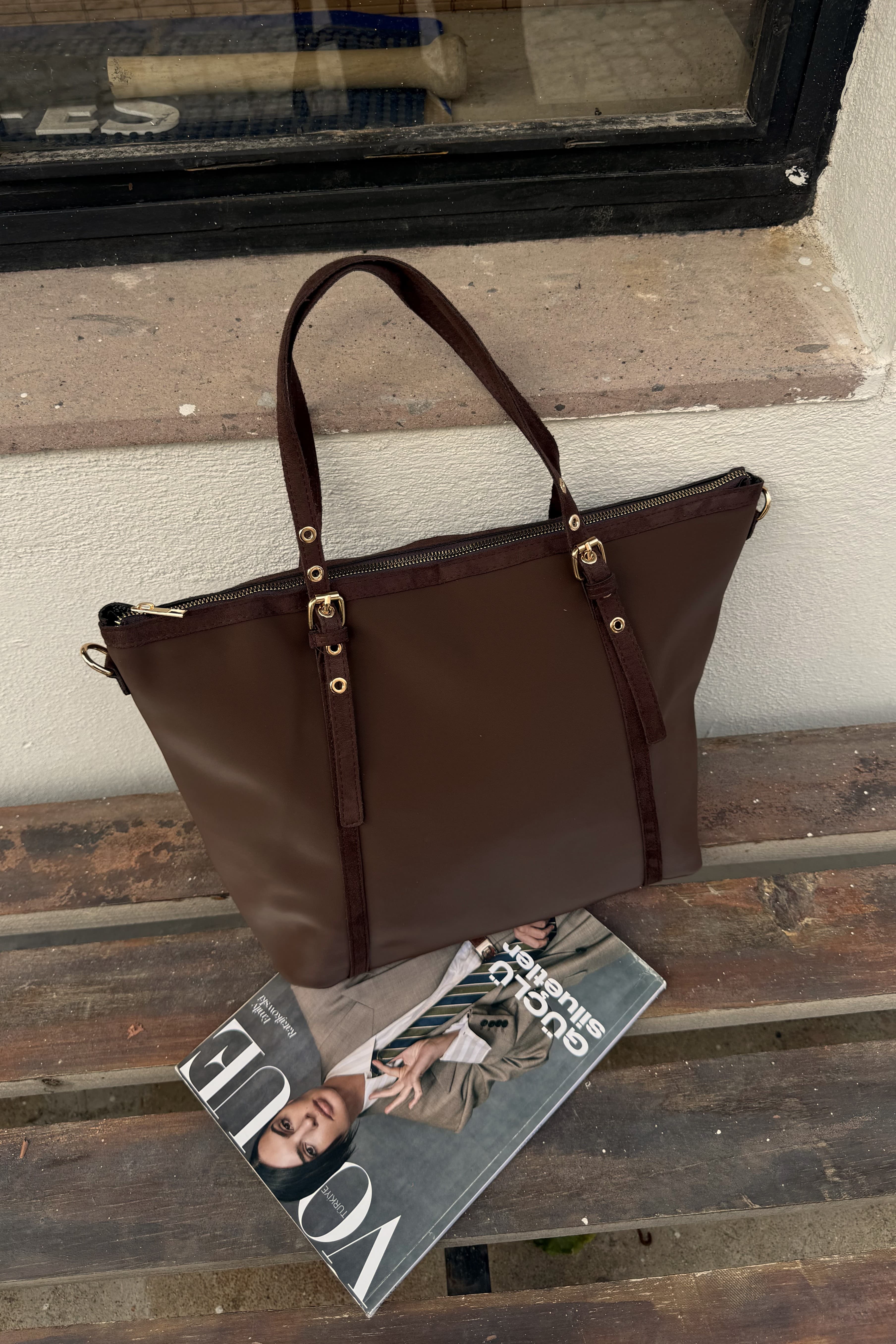 Süet Detaylı Kadın Shopper El ve Omuz Çanta Valenne ST0032 - Acı Kahve