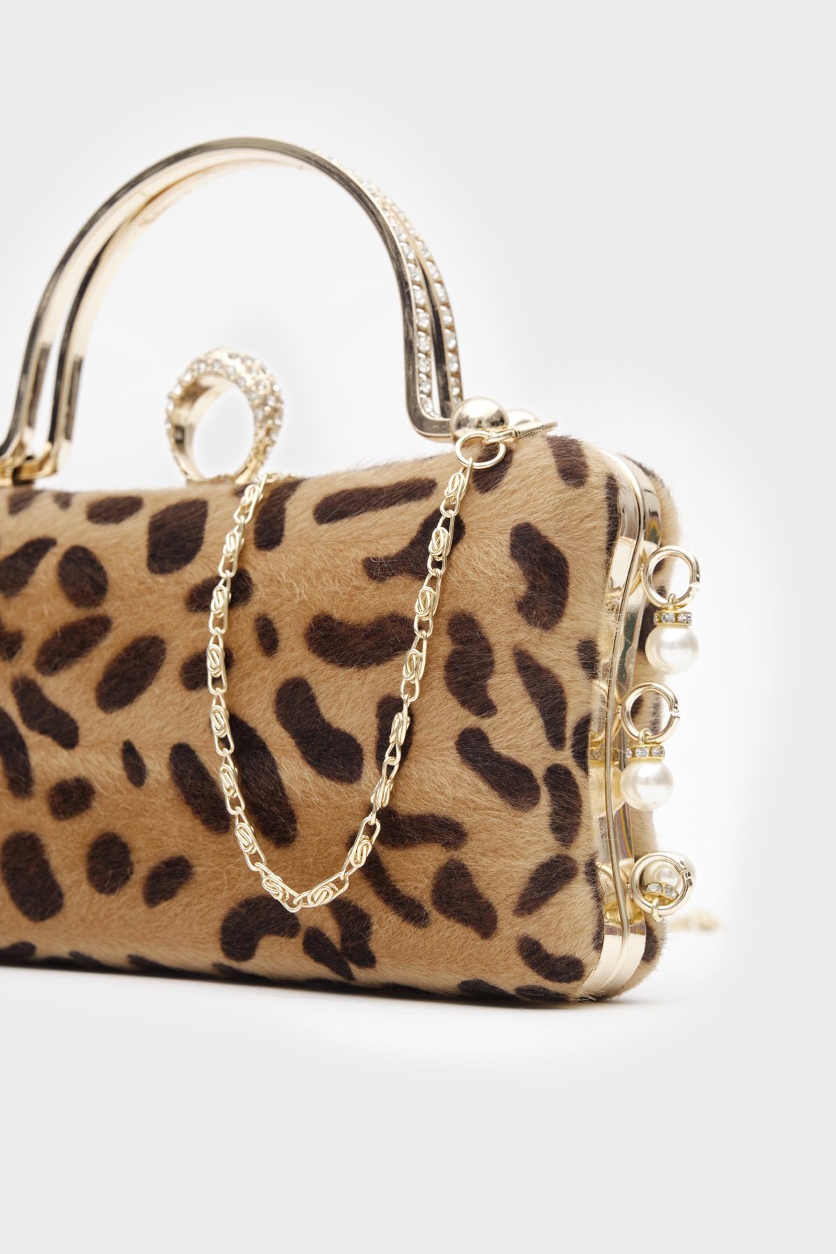 Suni Kürk Clutch Incili Leopar Desen Kadın Abiye Çanta Olivia