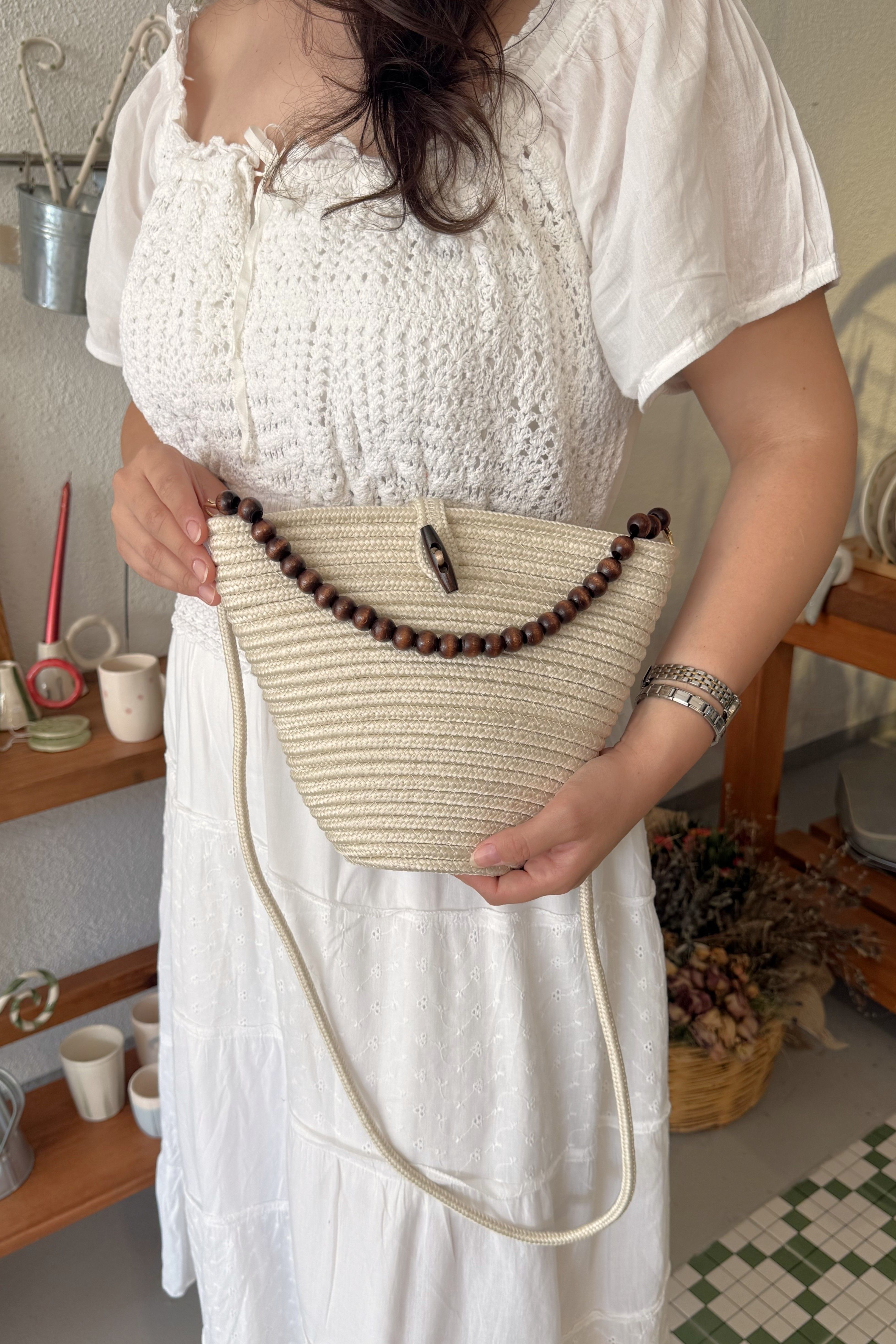 Handmade Boncuk Detaylı Çapraz Kadın El ve Omuz Çanta Ketrin Krem