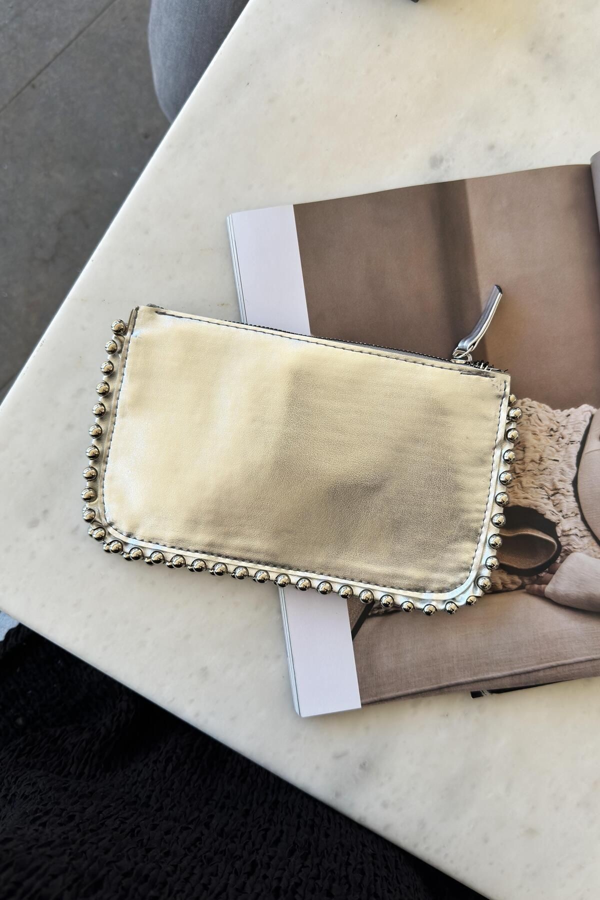 Metal Boncuklu Clutch Zincir Askılı 3 Gözlü Kadın El ve Omuz Çantası Estelle Gümüş