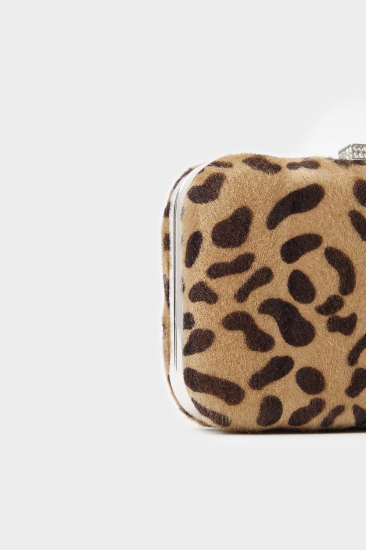 Suni Kürk Clutch Mini Taş Tokalı Leopar Desen Kadın Abiye Çanta Bethany