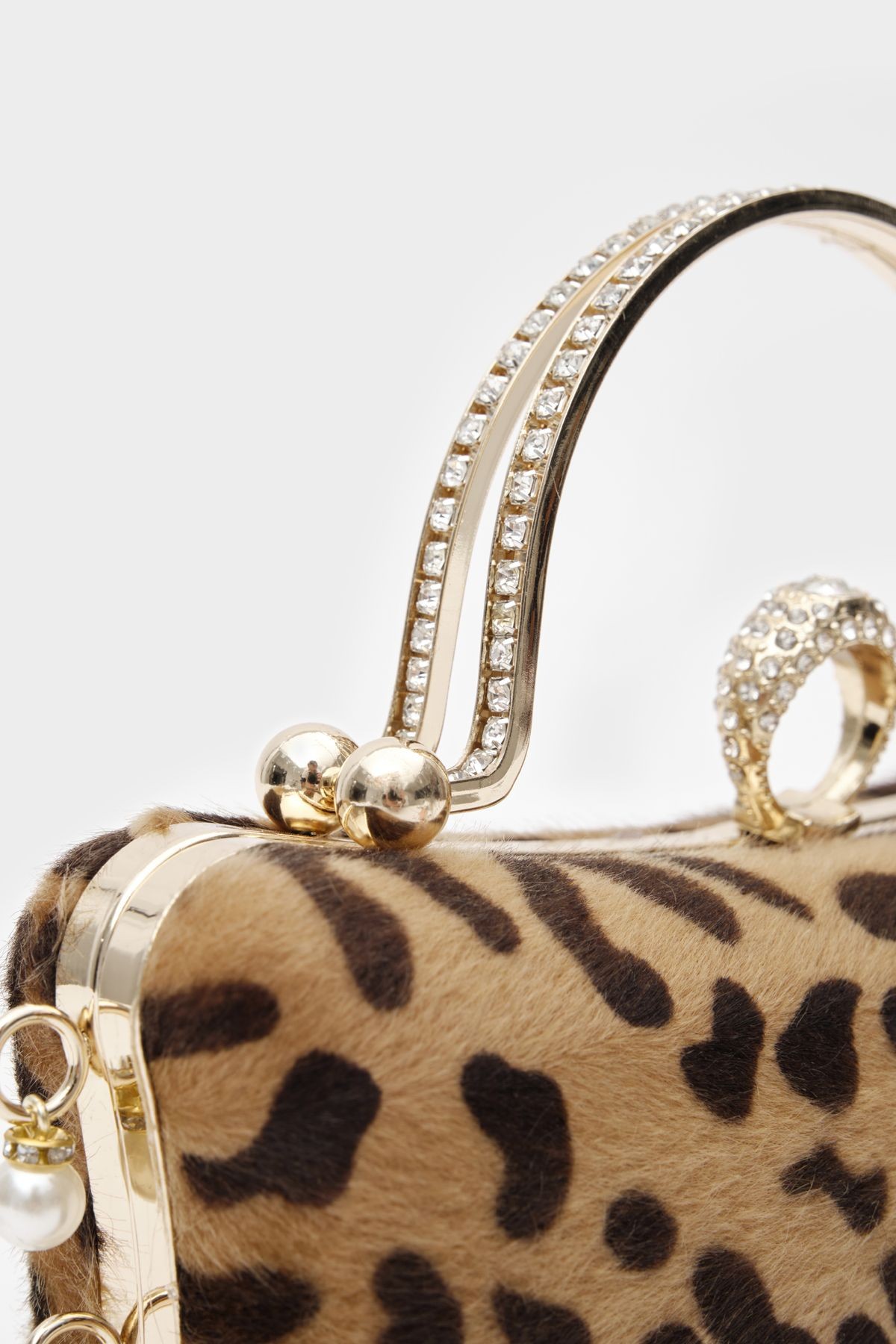 Suni Kürk Clutch Incili Leopar Desen Kadın Abiye Çanta Olivia