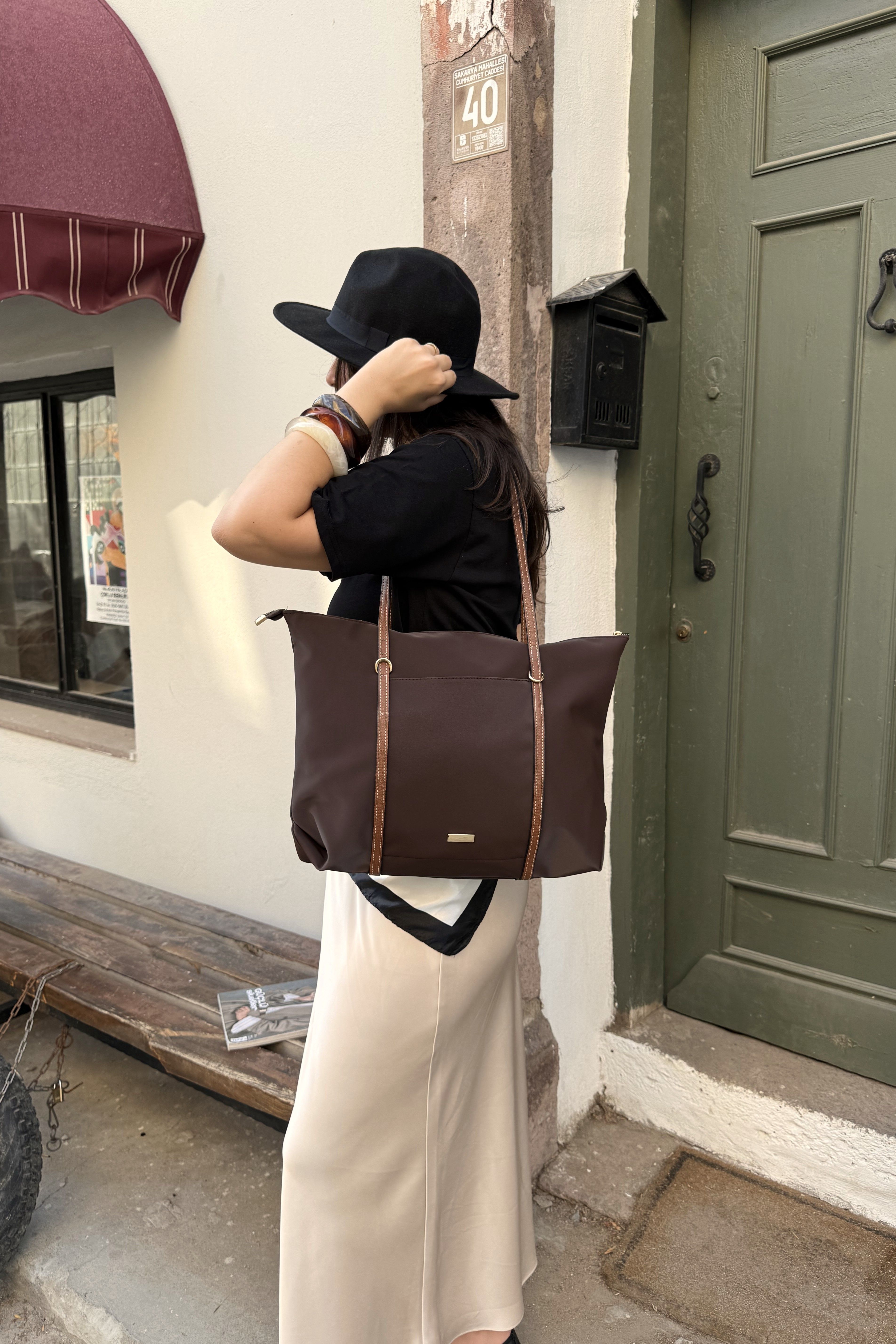 Şeritli Ön Gözlü Kadın Shopper Çanta Carmira ST0023 - Acı Kahve