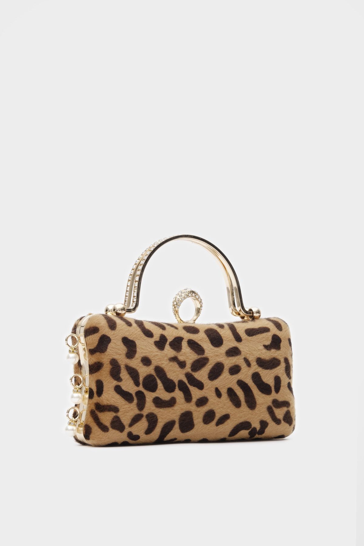 Suni Kürk Clutch Incili Leopar Desen Kadın Abiye Çanta Olivia