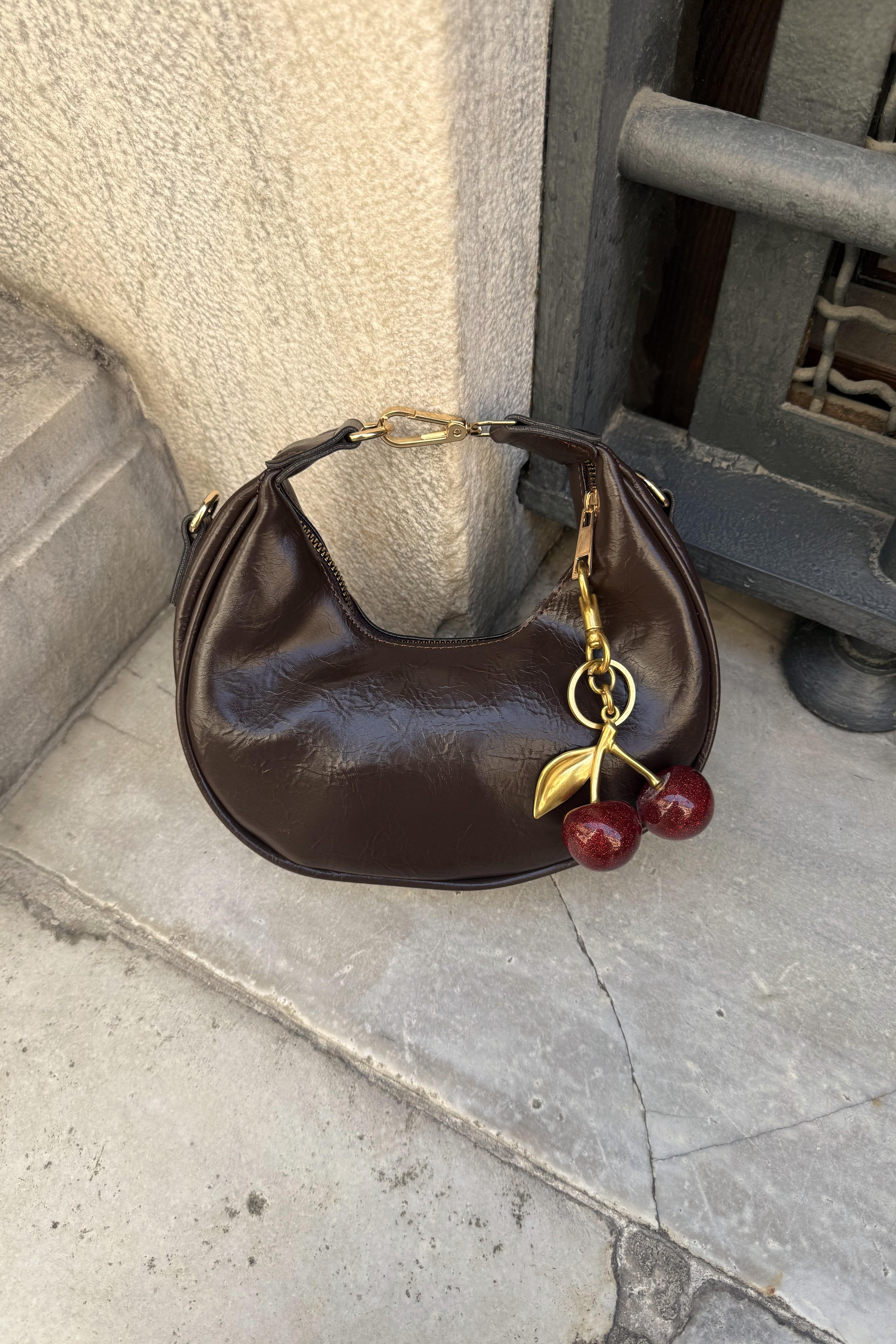 Kiraz Charm Hediyeli Kadın El ve Omuz Çanta Alyona Deri Acı Kahve