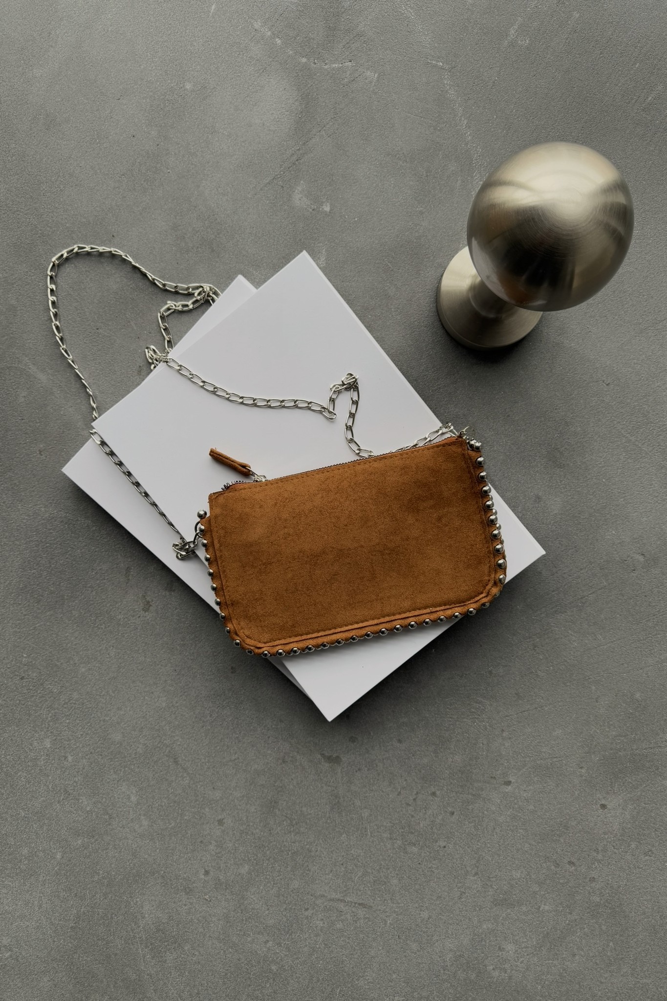 Boncuklu Clutch 3 Gözlü Kadın El ve Omuz Çantası Estelle Süet Taba (Sezon Sonu)