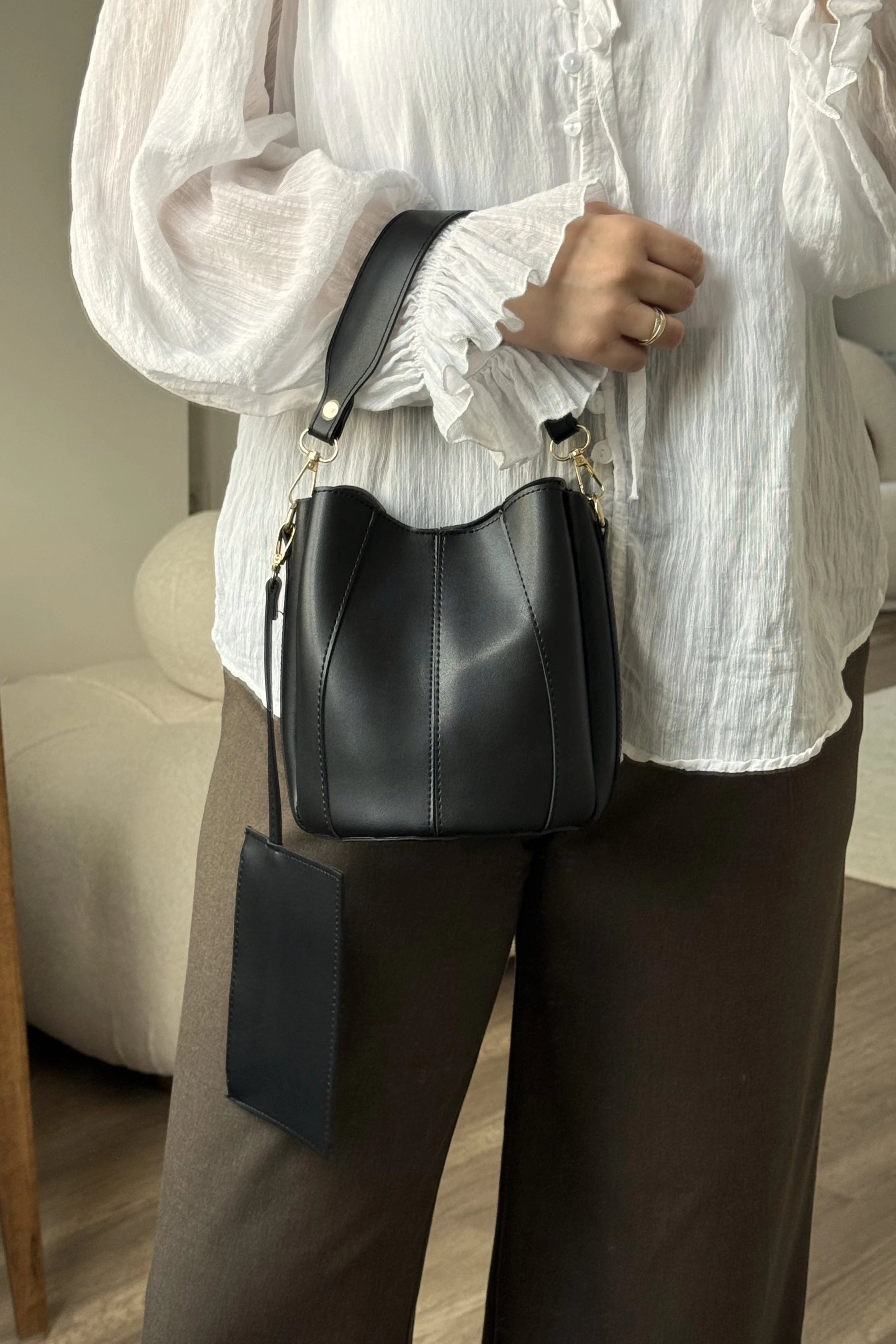 Dikiş Detaylı Cüzdanlı Kese Model Kadın El ve Omuz Çanta Didas ST0045 - Siyah