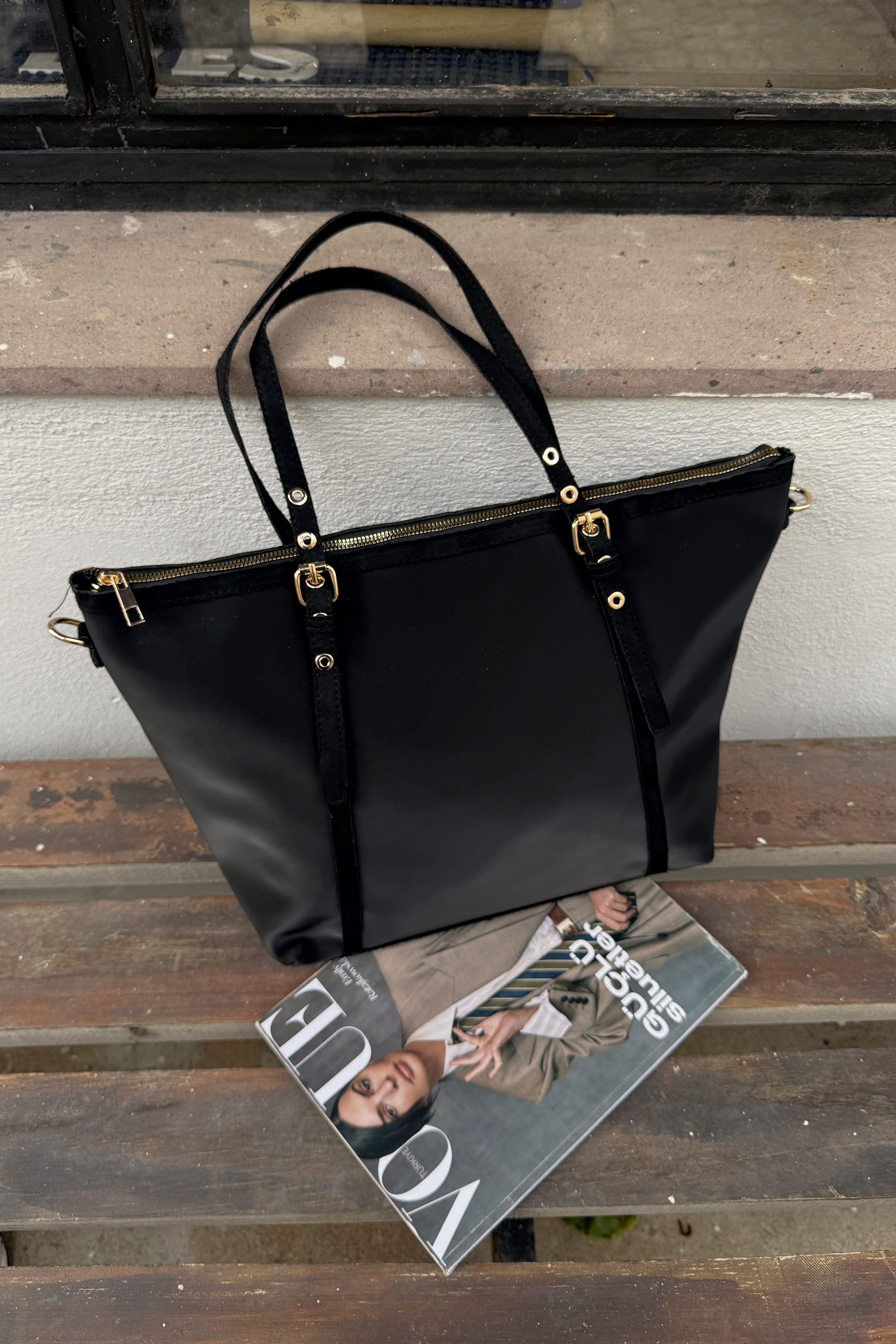 Süet Detaylı Kadın Shopper El ve Omuz Çanta Valenne ST0032 - Siyah