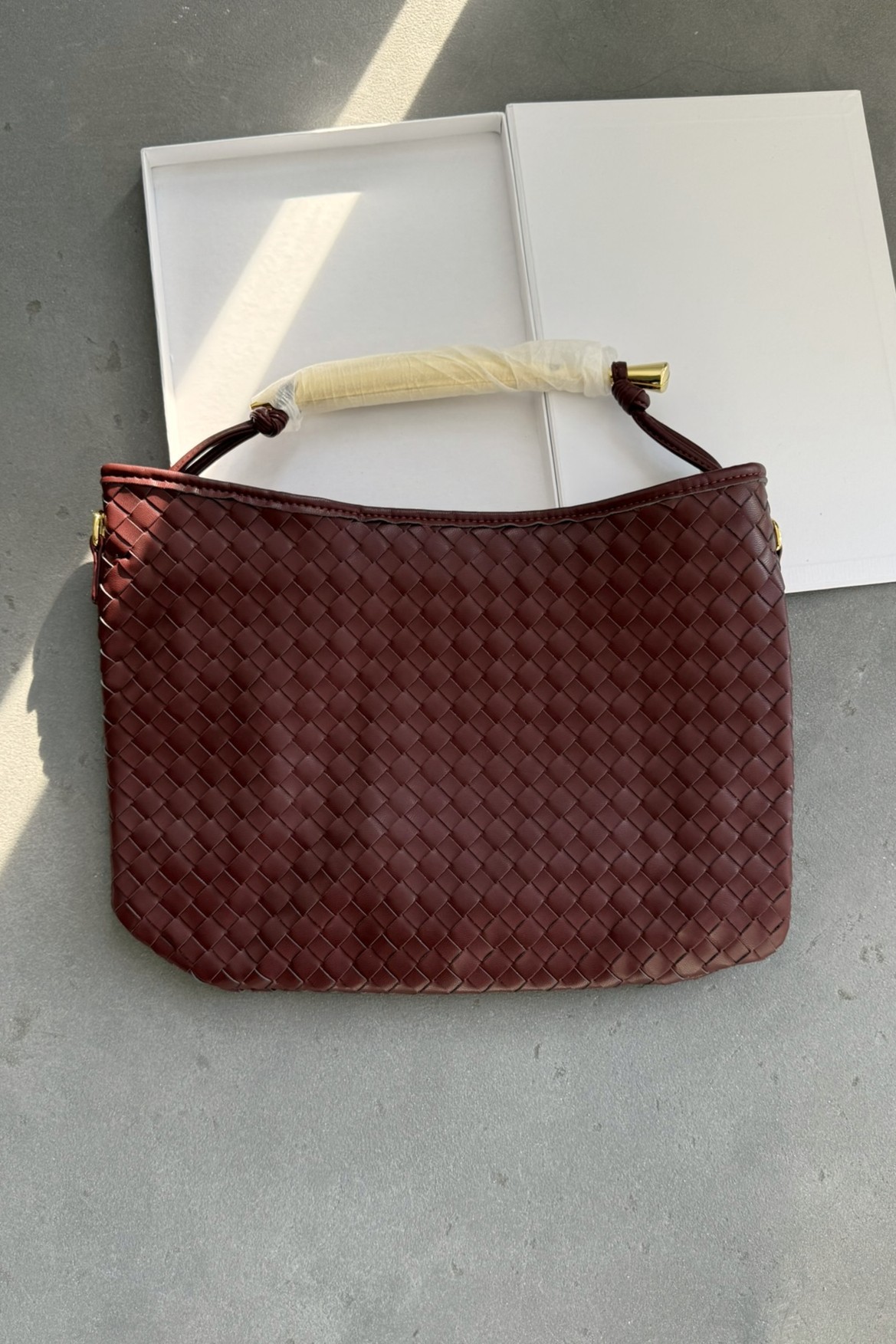 Premium Deri Şık Aksesuarlı Örme Çanta Büyük Boy Bordo (Özel Stok)