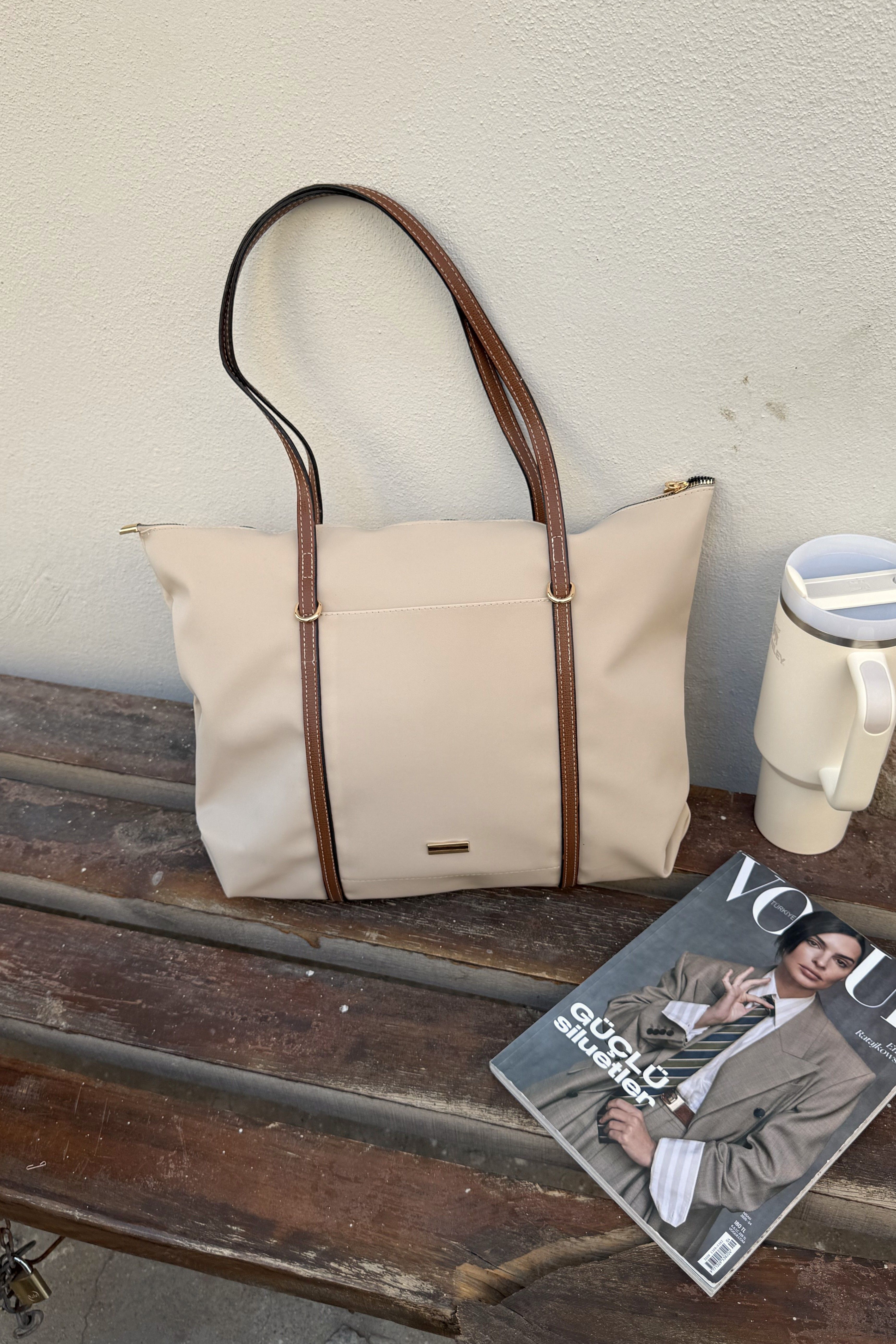 Şeritli Ön Gözlü Kadın Shopper Çanta Carmira ST0023 - Vizon